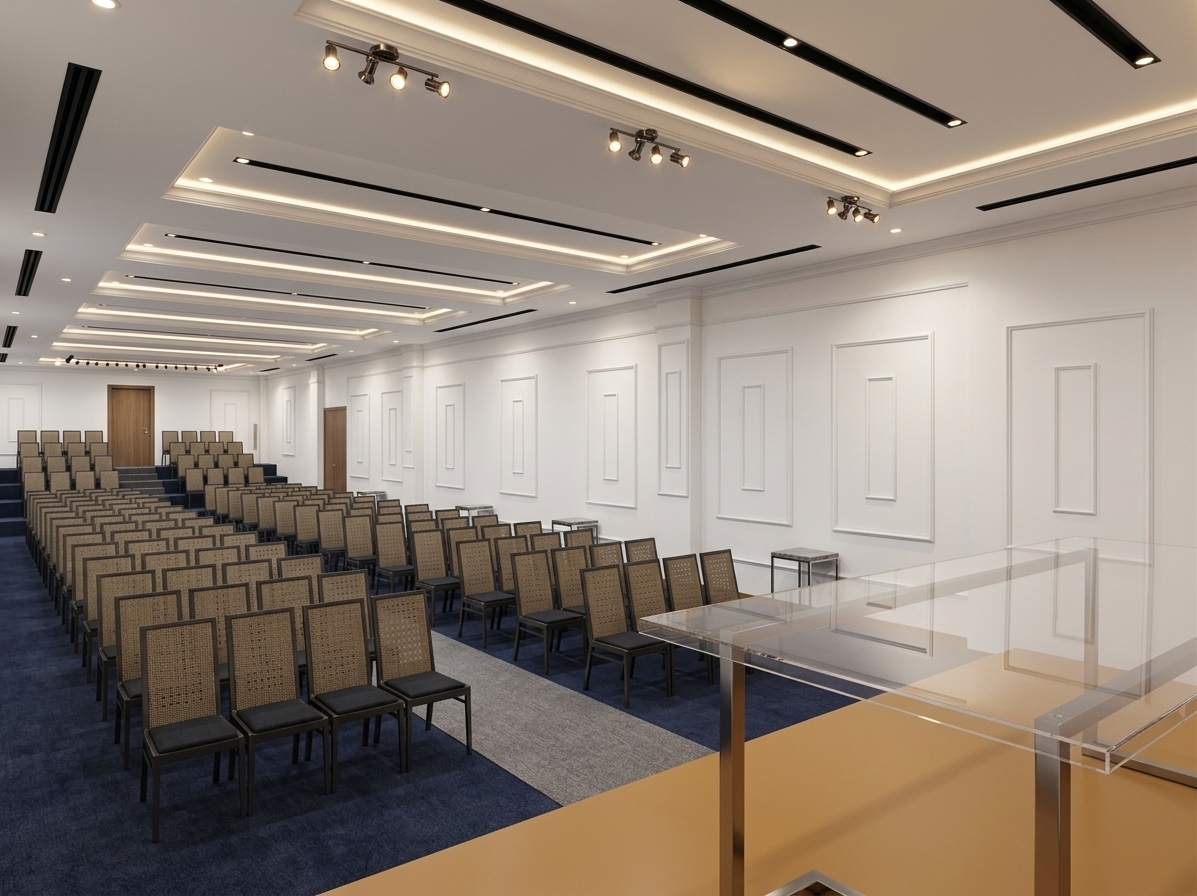 An incredibly lifelike, richly detailed, photorealistic wide-angle interior shot of a spacious corporate conference and lecture hall set within an executive wing of a modern industrial establishment. The scene is illuminated by a sophisticated network of warm architectural track spotlights, recessed ceiling LEDs, and ambient linear cove fixtures, creating a bright, professional, and focused midday atmosphere. Captured with a professional full-frame camera and an ultra-wide tilt-shift lens, emphasizing the crisp tactile textures, linear symmetry, and expansive spatial depth. 

The pristine white walls are enriched with finely detailed Wisconsin gypsum rectangular panel moldings, casting subtle, realistic shadows that lend neoclassical elegance to the minimalist design. Neatly organized rows of conference chairs featuring woven, breathable backrests and matte dark frames sit atop a plush, dense-pile navy-blue carpet, flanked by a smooth heather-grey aisle runner. In the foreground, a sleek, crystal-clear acrylic lectern rests on a warm, textured ochre-toned presentation stage, catching soft highlights and realistic reflections. The stepped-tier seating at the far back and recessed ceiling trays with integrated black vents complete this sophisticated, functional, and immaculate minimalist haven.