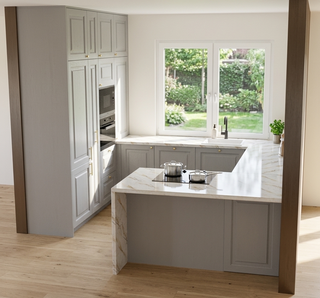A crisp architectural photograph of the kitchen illuminated by bright summer midday sunlight streaming through the large white window. The natural light casts soft, defined shadows and realistic specular highlights across the polished white marble countertop with its delicate warm veining. The light-grey shaker cabinetry features an authentic satin-painted wood texture accented by brushed brass hardware, while the black built-in ovens and induction hob display realistic glass reflections. Captured with a sharp 35mm architectural lens at f/8, balanced natural exposure, true-to-life material depth, and subtle film grain.