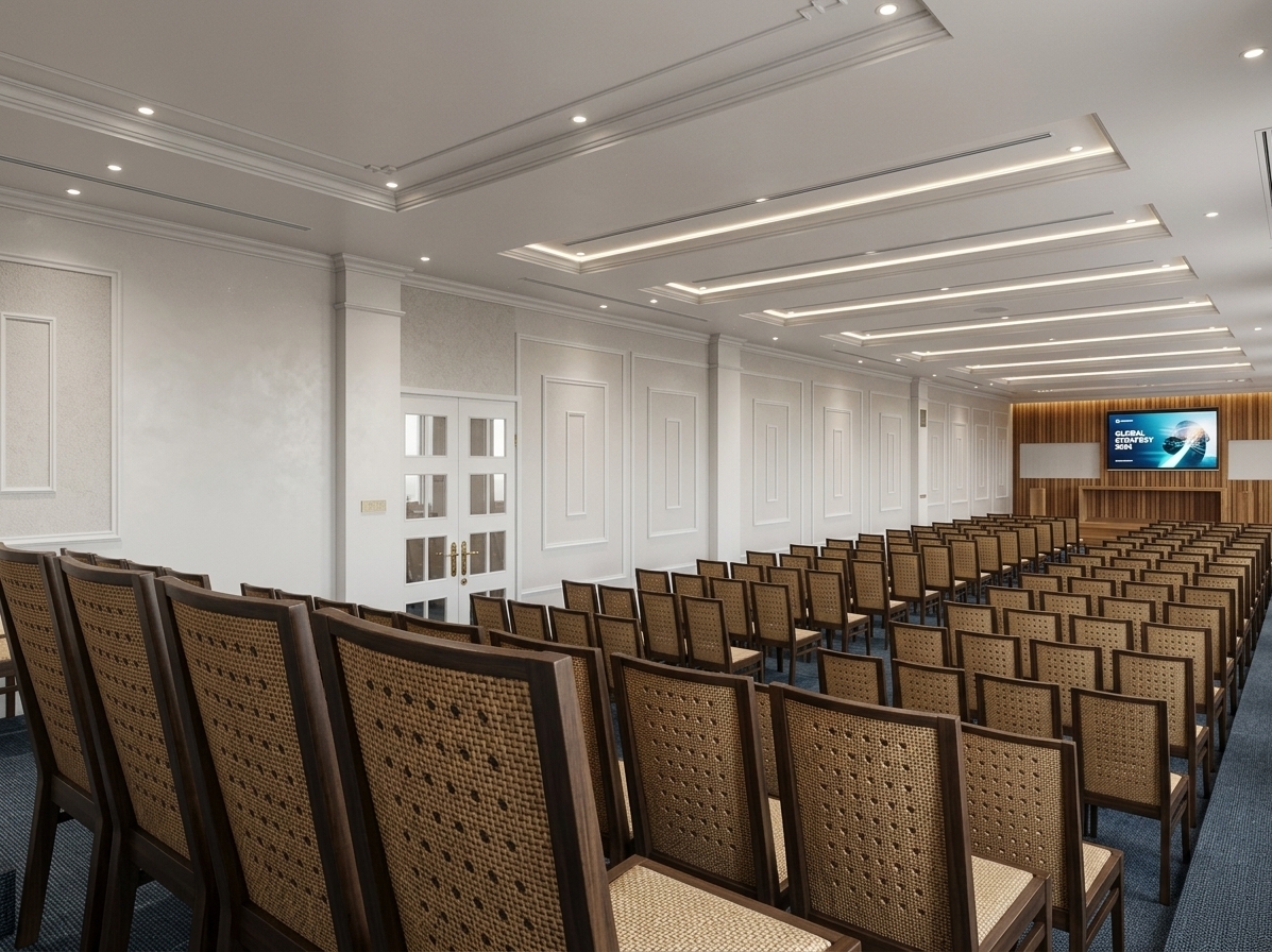 An incredibly lifelike, richly detailed, photorealistic wide-angle interior photograph of a grand staff conference hall set within the executive wing of a contemporary industrial establishment. The scene is illuminated by crisp, soft ambient light and a geometric array of recessed LED downlights integrated into the stepped tray ceiling, creating a professional, serene, and bright midday atmosphere. Captured with a professional full-frame camera using a 24mm tilt-shift lens, emphasizing the intricate relief of the Wisconsin gypsum wall mouldings, the soft tactile weave of the blue-grey commercial carpeting, and the textured wicker-patterned upholstery of the dark-framed chairs. Neatly arranged rows of auditorium seating sweep toward a warm, vertical-slat timber presentation stage where a vibrant, glowing corporate slide is displayed on the wide presentation screen, creating a perfectly balanced, minimalist corporate haven.