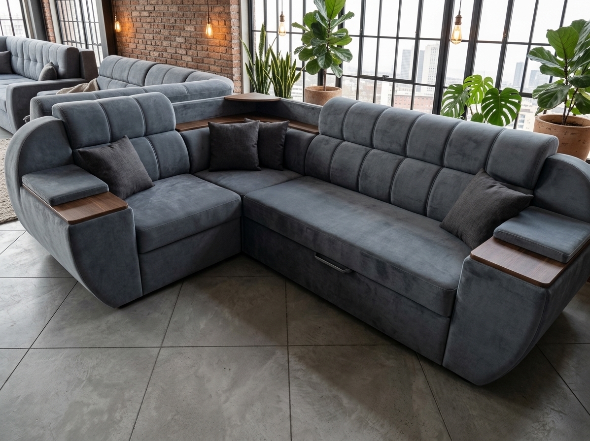An incredibly lifelike, richly detailed, photorealistic wide-angle interior shot of a spacious, stylish living room set in a high-end urban industrial loft. The scene is illuminated by generous streams of natural afternoon light pouring through soaring, floor-to-ceiling black-framed steel grid windows, paired with warm, dimmable Edison-bulb pendant lights that create a cozy, sophisticated atmosphere. Captured with a professional full-frame camera and a 24mm f/2.8 lens, emphasizing the tactile textures of weathered exposed red-brick walls, micro-cement concrete flooring, and rich dark walnut accents. The central slate-grey velvet corner sectional sofa is tastefully integrated into the expansive space, accessorized with charcoal linen cushions and a soft cashmere throw, centered around a minimalist live-edge wood and matte-black metal coffee table resting on a textured wool rug. Lush, vibrant greenery—including a towering fiddle-leaf fig in a raw terracotta pot, a leafy Monstera, and architectural snake plants—breathes organic warmth into the industrial setting, while subtle views of a distant city skyline complete this seamlessly balanced, modern sanctuary.