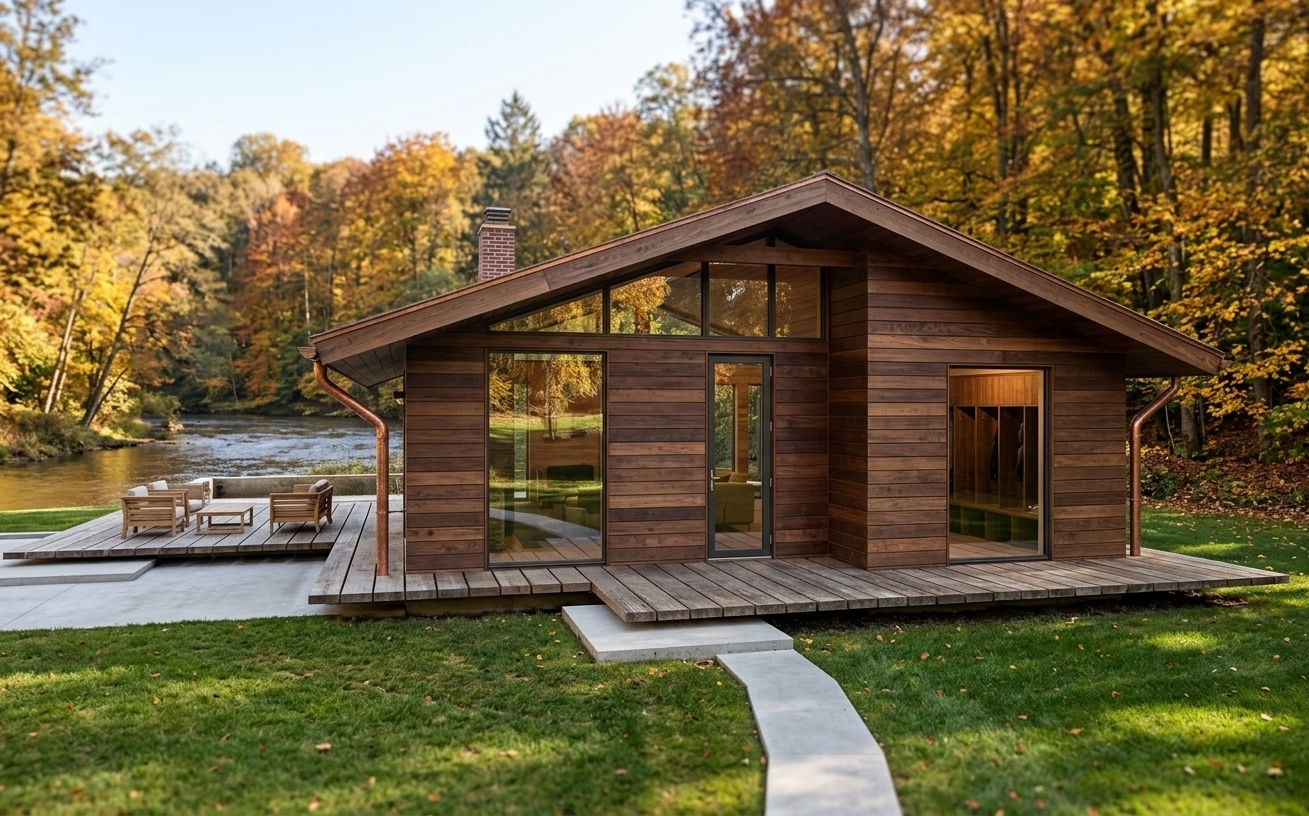 An incredibly lifelike, richly detailed, photorealistic eye-level architectural shot of a mid-century modern timber cabin set in a serene autumn landscape. The scene is illuminated by crisp, natural midday sunlight casting soft, refined shadows, creating a warm, tranquil, and sophisticated atmosphere. Captured with a professional 35mm architectural tilt-shift lens, emphasizing the rich grain of the horizontal dark wood siding, the weathered cedar deck planks, and the textured brick chimney. Expansive floor-to-ceiling glazing fills every structural opening and doorway, mirroring crisp reflections of the lush garden and amber foliage while offering a subtle view into a warm, wood-accented mudroom interior. In the background, a calm, glistening river gently flows past the property, framed on the opposite bank by a dense, low-canopy forest ablaze with gold and crimson autumn leaves, while a sleek concrete path gracefully connects the cantilevered wooden terrace to the surrounding manicured lawn.