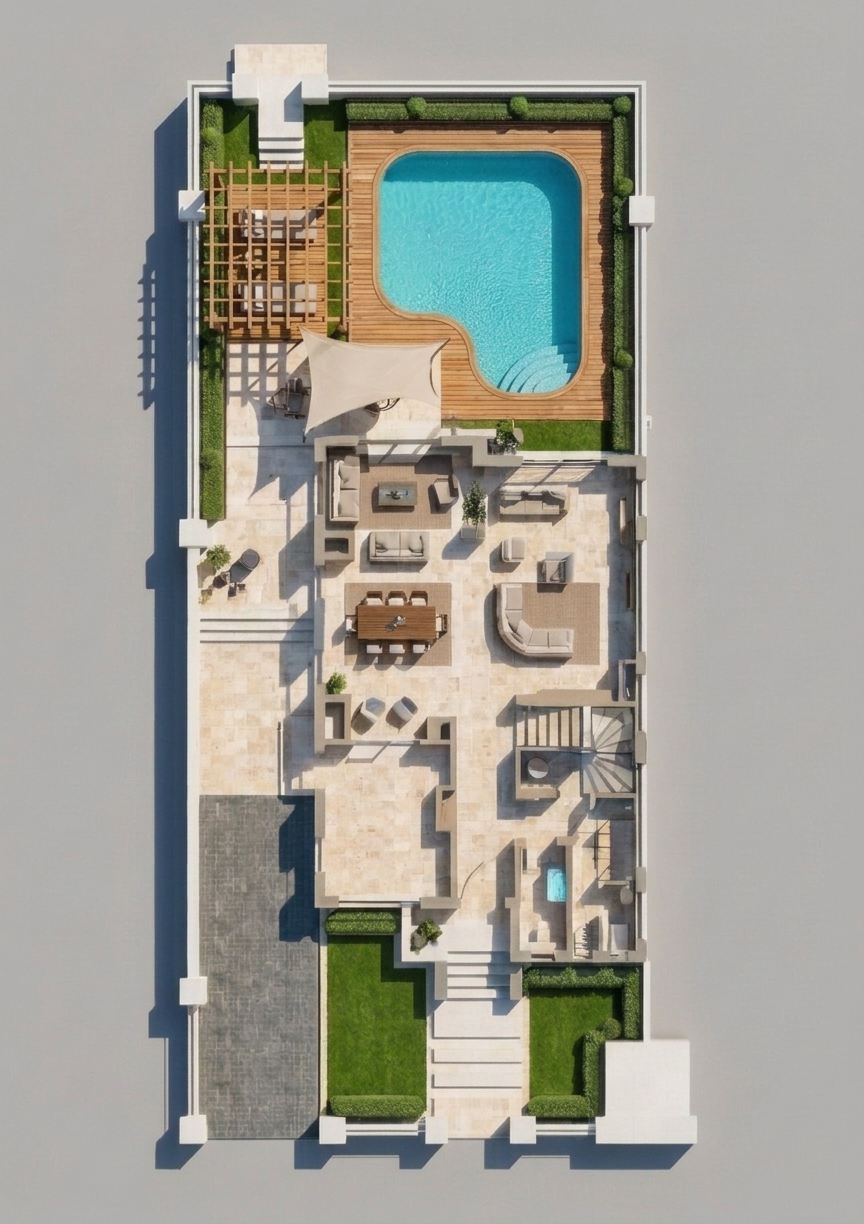 An incredibly lifelike, richly detailed, photorealistic top-down architectural photograph of a contemporary mountain escape villa set in a serene alpine retreat. The scene is illuminated by brilliant midday summer sunlight streaming downward and casting crisp, delicate shadows, creating a bright, refreshing, and luxurious atmosphere. Captured with a high-resolution medium-format camera and a specialized tilt-shift lens, emphasizing the tactile textures of polished travertine floor tiles, warm teakwood pool decking, and crystalline turquoise water. 

The spacious interior reveals an open-concept living and dining area appointed with a plush contemporary sectional sofa, low-profile armchairs, and an eight-seater dining table resting on soft woven rugs. Expansive floor-to-ceiling openings lead out to a private backyard oasis featuring a stone patio, an outdoor dining set under shade, sun loungers, and an L-shaped swimming pool framed by manicured green hedges, while the front entrance showcases tidy emerald lawn plots and clean stone steps guiding guests into this tranquil mountain sanctuary.
