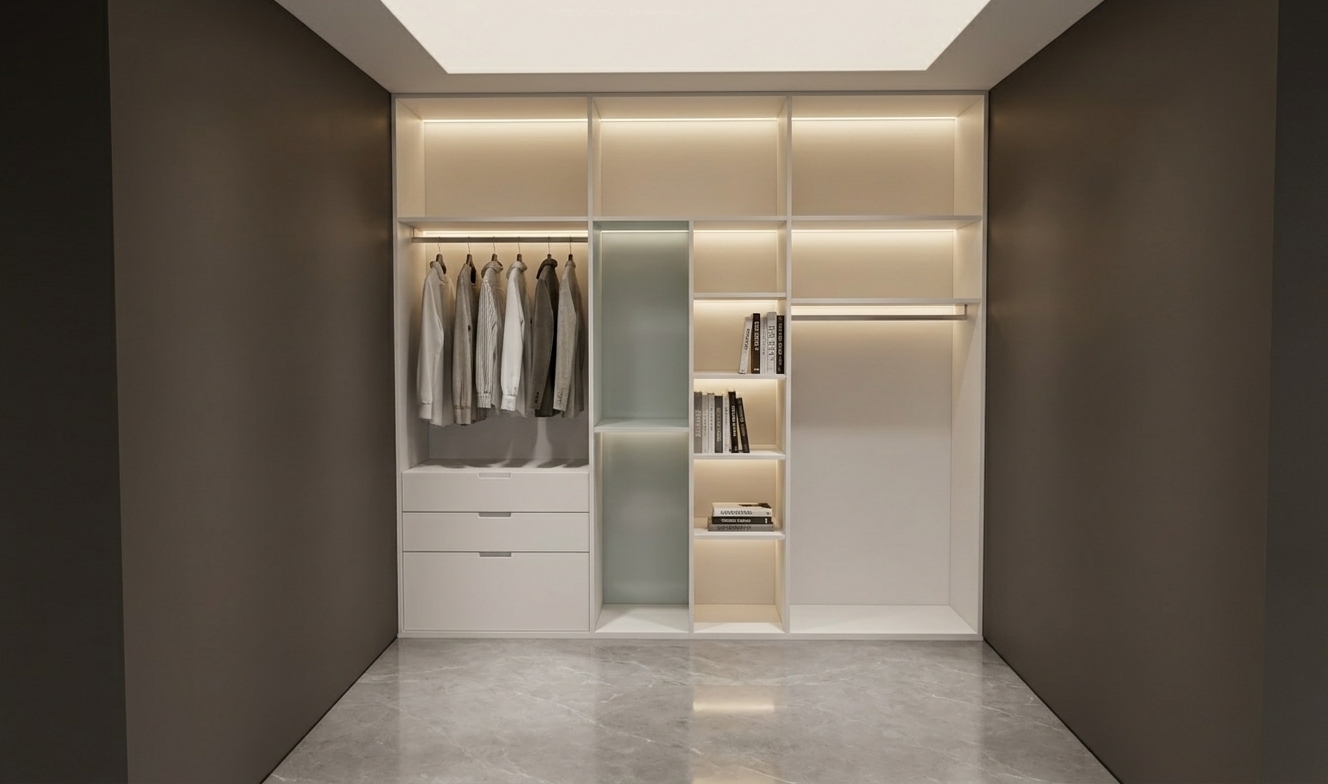 An incredibly lifelike, richly detailed, photorealistic straight-on interior shot of a custom walk-in closet set in an elegant mid-century modern master suite. The scene is illuminated by soft, integrated warm LED strip lighting running under each shelf and diffused ambient ceiling light, creating a serene, sophisticated, and upscale atmosphere. Captured with a professional 35mm architectural lens, emphasizing the ultra-smooth matte white cabinetry finishes, crisp shadow lines, and exquisite material textures. The central built-in wardrobe features a minimalist plain white palette; neatly hung garments on sleek hangers occupy the left hanging bay above flush white drawer units, while the slender middle cubbies are styled with curated stacks of hardcover design books and subtle frosted glass backings. Luxurious dark taupe walls frame the recess, complemented by a seamless, cool-toned polished grey marble floor that subtly reflects the warm, inviting illumination.