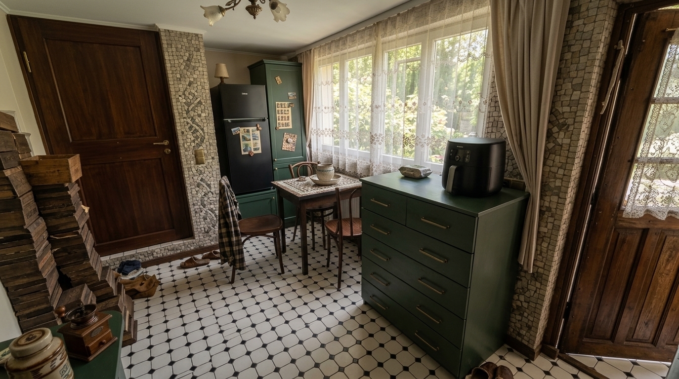 An incredibly lifelike, richly detailed, photorealistic wide-angle interior shot of a charming, reimagined European-style kitchen set in a cozy sunlit cottage. The scene is illuminated by soft, dappled daylight streaming through a large window, creating an inviting, sophisticated, and nostalgic atmosphere. Captured with a 24mm f/2.8 lens, emphasizing the tactile textures of dark-stained wood, intricate stone mosaic, and gleaming checkerboard tile. 

The space features refined dark green wooden kitchen cabinetry with subtle brass hardware, complemented by a modern, matte black double-door refrigerator tucked gracefully into the layout. Across the floor stretches a classic small black-and-white checkered ceramic tile pattern that grounds the room in vintage elegance. In the dining nook beside the window, an intimate round bistro table displays a handcrafted mosaic tabletop, accompanied by a pair of timeless dark-wood Viennese chairs. The large window is dressed in an airy, transparent sheer tulle suspended from a sleek black iron rod with rings, framed on either side by elegant, draped side curtains that open up to a lush, sun-dappled garden view outside.