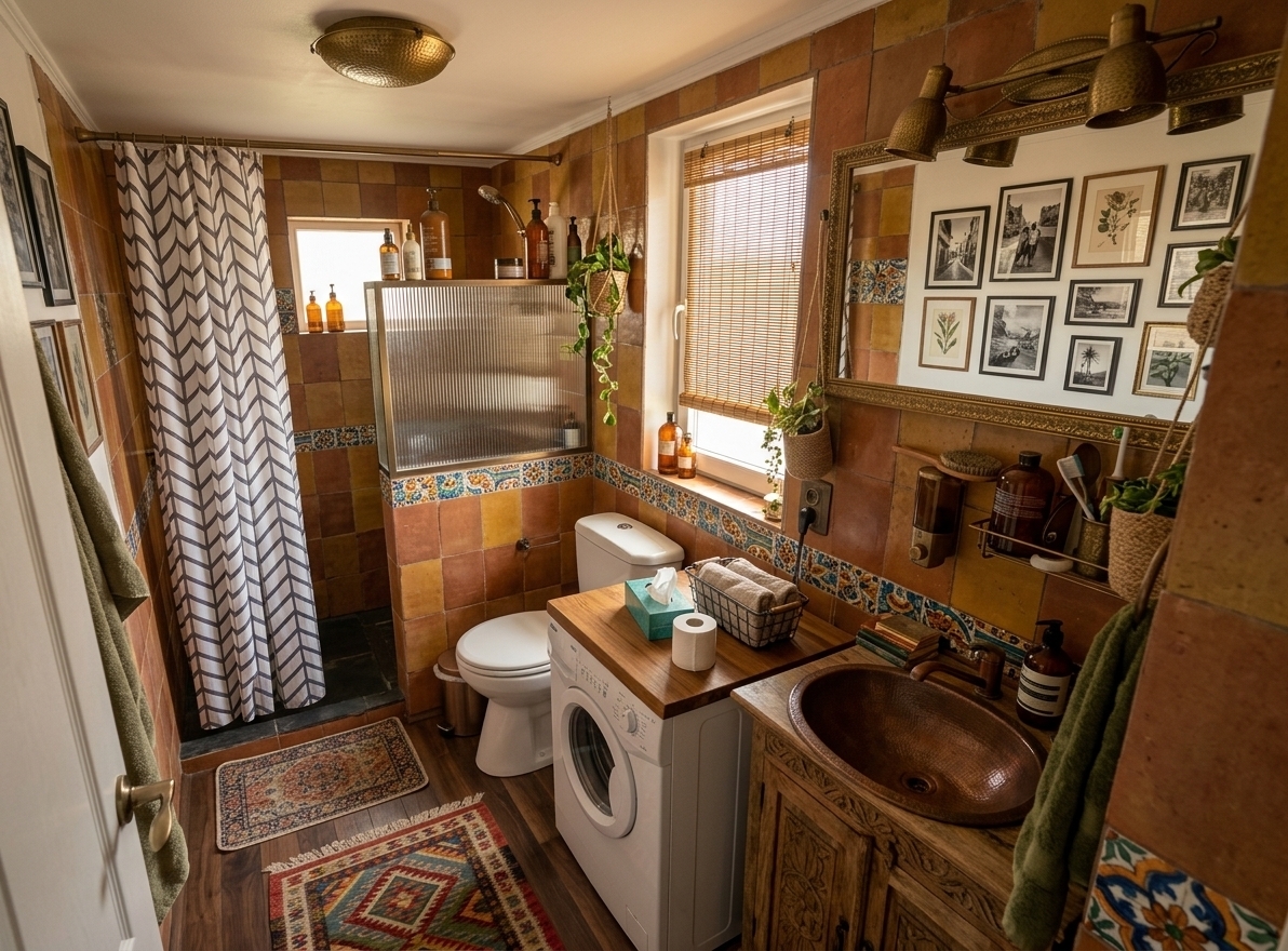 An incredibly lifelike, richly detailed, photorealistic wide-angle interior photograph of an eclectic, wanderlust-inspired bathroom set in a bohemian worldly apartment. The scene is illuminated by warm, diffused morning sunlight filtering through natural bamboo woven blinds alongside the soft amber glow of vintage hammered-brass wall sconces, creating a nostalgic, vibrant, and deeply adventurous atmosphere. Captured with a 24mm f/2.8 lens, emphasizing the tactile textures of handcrafted terracotta zellige tiles, weathered wood grains, and intricate global textiles. Replacing the dated ceramic and cluttered surfaces, the reimagined space features earthy terracotta and deep ochre wall finishes accented by vibrant, hand-painted Mediterranean and Moroccan patterned tile borders. The shower enclosure is elevated with fluted glass and brushed bronze fixtures over a natural slate base, while the washing machine is smartly integrated beneath a bespoke reclaimed-teak counter. A repurposed vintage carved wooden cabinet serves as an artisanal vanity base holding a hammered copper vessel sink and an ornate, arched brass mirror that reflects a curated gallery wall of vintage black-and-white travel photography and framed botanical prints. Collected surfaces showcase stacked art and landscape photography books, small brass artifacts, exotic amber glass apothecary bottles, and trailing indoor plants cascading from woven jute planters, all tied together over deep walnut-plank flooring adorned with a vibrant, hand-woven vintage kilim runner.