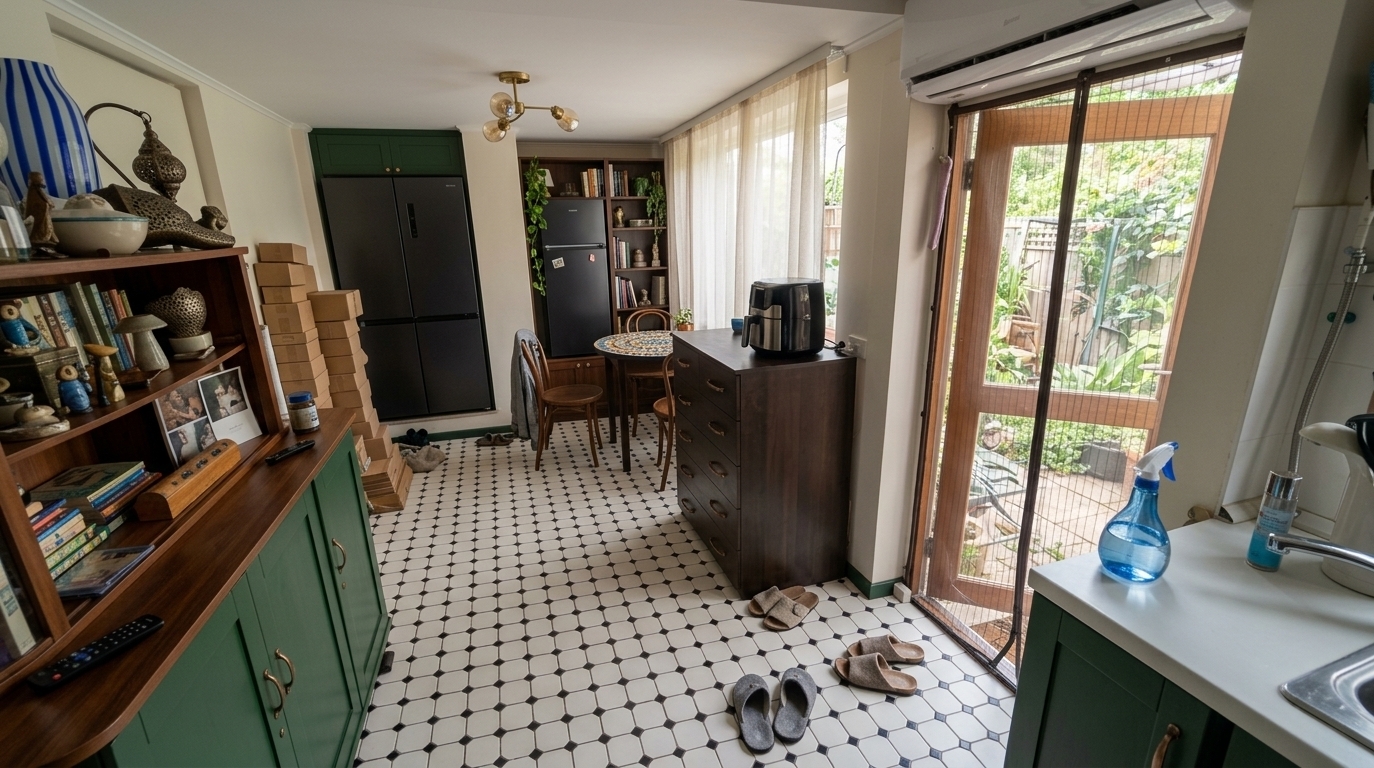 An incredibly lifelike, richly detailed, photorealistic wide-angle interior photograph of a bohemian-oasis kitchen and dining space set in a sun-drenched garden-facing room. The scene is illuminated by soft morning light diffusing through airy sheer tulle and warm ambient accents, creating an inviting, tranquil, and eclectic atmosphere. Captured with a 24mm wide-angle lens at f/4, emphasizing the tactile textures of painted wood grain, polished mosaic stone, and matte ceramic finishes. 

The reimagined space is grounded by a timeless floor of small black-and-white checkered tiles that lend vintage character to the entire layout. Along the cooking area, rich forest-green wooden cabinetry with elegant bronze hardware introduces a deep, grounded natural tone, complemented by a sleek, modern matte-black double-door refrigerator tucked seamlessly against the back wall. In place of the bulky storage units, a tall, tailored dark-wood bookcase spans the left wall, filled with curated art volumes, small sculptures, and cascading indoor greenery. Positioned near the bright window is an intimate dining setting featuring a round bistro table with a handcrafted colorful mosaic tabletop, flanked by a pair of classic curved Viennese bentwood chairs. The large window is framed by sheer white tulle gracefully gliding on a matte-black curtain rod with exposed rings, accompanied by textured linen drape panels that frame tranquil views of lush garden greenery just beyond the door.