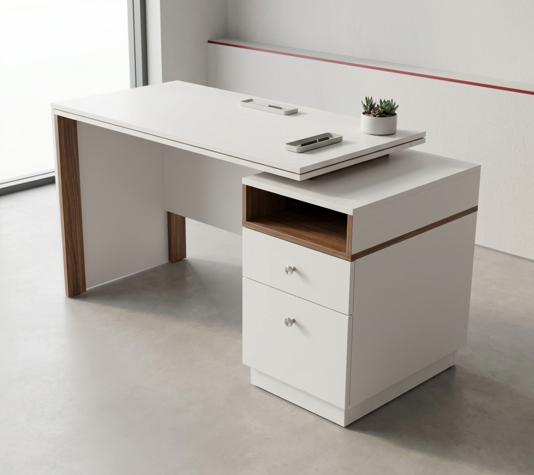 An incredibly lifelike, richly detailed, photorealistic three-quarter perspective interior photo of a contemporary work desk set in a serene, minimalist office haven. The scene is illuminated by soft, diffused daylight streaming from an expansive window, creating a calm, focused, and refined atmosphere. Captured with a 50mm architectural lens at eye level, emphasizing the exquisite balance of tactile textures—from the smooth, ultra-matte white lacquered surfaces of the tabletop, modesty panel, and two-drawer base to the rich, warm walnut wood grain detailing the outer leg and the open upper storage cubby. Subtle highlights catch the brushed satin metal knobs, while soft ambient contact shadows ground the floating tabletop edge and recessed plinth against a seamless, microcement floor.