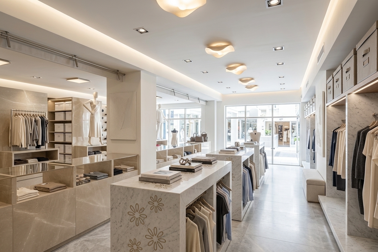 An incredibly lifelike, richly detailed, photorealistic wide-angle interior shot of a luxury fashion boutique set in an upscale cosmopolitan district. The scene is illuminated by abundant natural daylight pouring through expansive floor-to-ceiling glass windows and complemented by warm, sculptural ceiling fixtures with integrated cove lighting, creating a serene, airy, and sophisticated atmosphere. Captured with a 24mm tilt-shift lens on a professional camera, emphasizing polished champagne-toned stone surfaces, refined brushed metal accents, and luxurious fabrics. The redesigned interior embraces contemporary elegance with a soothing color palette of warm white, pearl, soft gray, and subtle champagne highlights. Streamlined, clean-lined display islands crafted from honed marble feature curated photography art books and slim garment rails, while large-scale abstract minimalist wall art adorns the perimeter walls. A tailored, upholstered linen seating bench adds understated comfort, achieving a perfectly balanced, light-filled environment tailored for high-end retail.