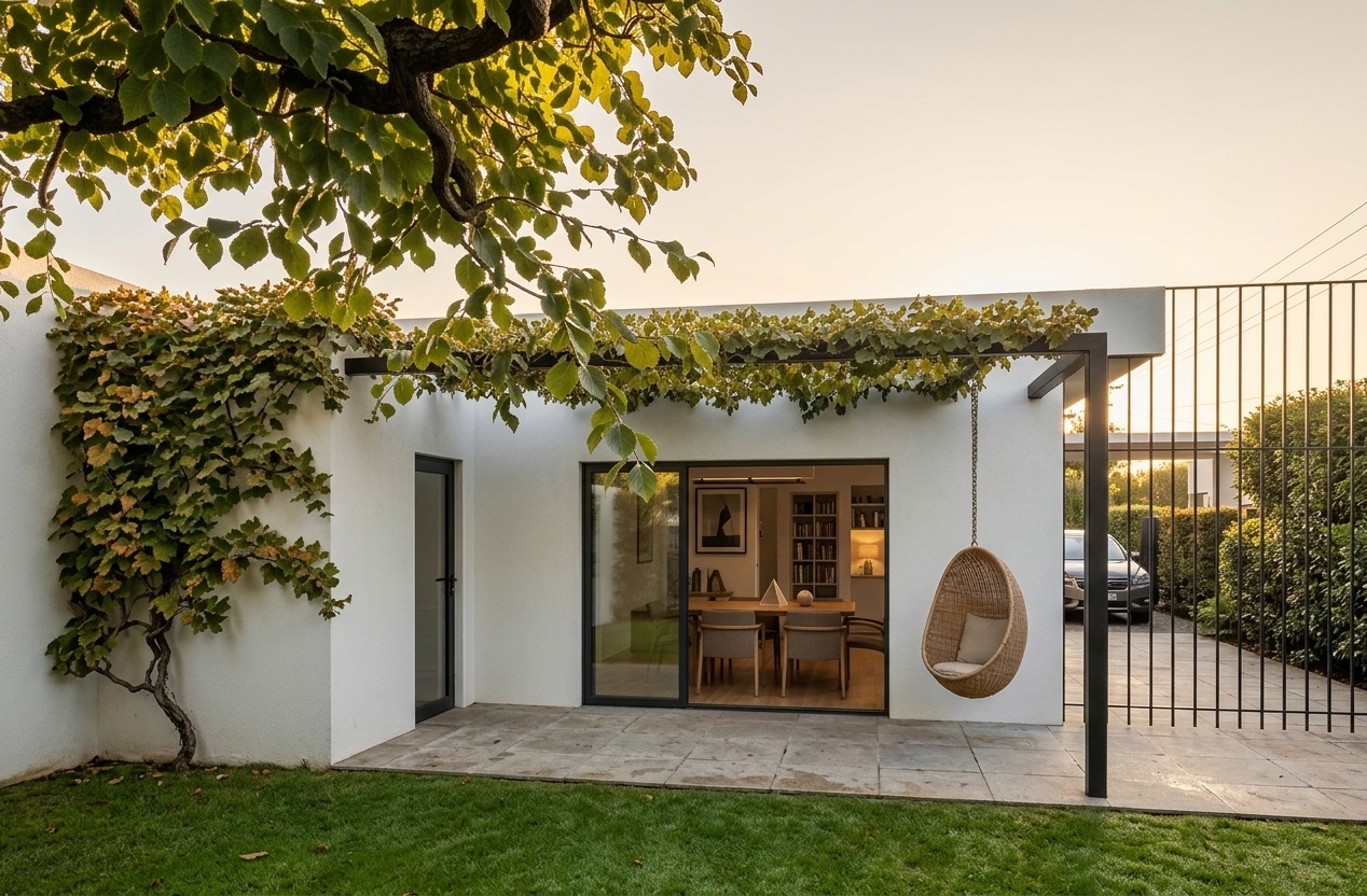 An incredibly lifelike, richly detailed, photorealistic wide-angle architectural shot of a modern outdoor patio and minimalist haven set in a tranquil residential courtyard. The scene is illuminated by the soft, warm golden hour sunlight, casting gentle, elongated shadows and creating a serene, zen-inspired atmosphere. Captured with a professional 35mm architectural lens, emphasizing the tactile plaster of the crisp white stucco walls, the lush texture of the vine-draped black steel pergola, and the smooth stone paving below. A natural woven hanging egg chair with a neutral cushion sways gently over the uncluttered patio terrace, seamlessly connecting the vibrant green lawn to the indoor living area through floor-to-ceiling sliding glass doors. Visible within the streamlined interior, sleek wooden dining furniture, minimalist decor, and framed abstract wall art enhance the monochromatic elegance of this serene, functional retreat.