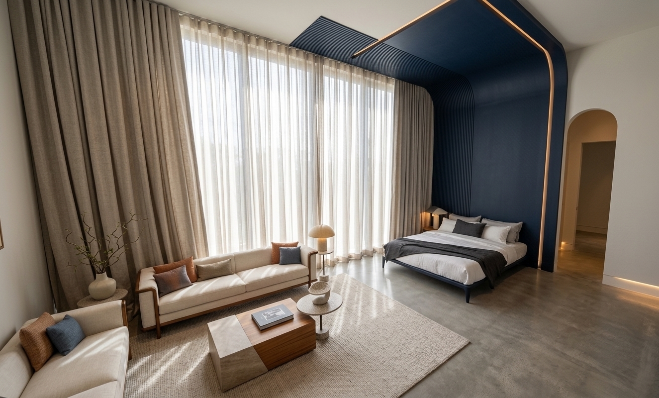 An incredibly lifelike, richly detailed, photorealistic wide-angle interior shot of a luxurious mid-century modern open-concept living suite set in an upscale contemporary residence. The scene is illuminated by soft, diffused daylight pouring through floor-to-ceiling panoramic windows, complemented by warm, concealed accent lighting to create an airy, serene, and sophisticated atmosphere. Captured with a full-frame camera and a 24mm tilt-shift architectural lens, emphasizing tactile linen weaves, rich walnut wood grains, and the sleek matte finish of the curved navy canopy. 

The living space is anchored by tailored off-white sofas adorned with earth-toned, muted orange, and slate-blue cushions, arranged around a minimalist geometric coffee table crafted from teak wood and smooth stone, upon which a hardbound photography book rests cleanly. Overhead, a dramatic deep navy arched architectural alcove frames the plush platform bed layered in crisp white and charcoal linens. Towering neutral drapes drape gracefully alongside sheer floor-to-ceiling curtains, while sleek retro side tables, an iconic arched doorway, sculptural ceramic vases with organic botanical branches, and refined clutter-free surfaces complete this timeless, iconic interior visualization.