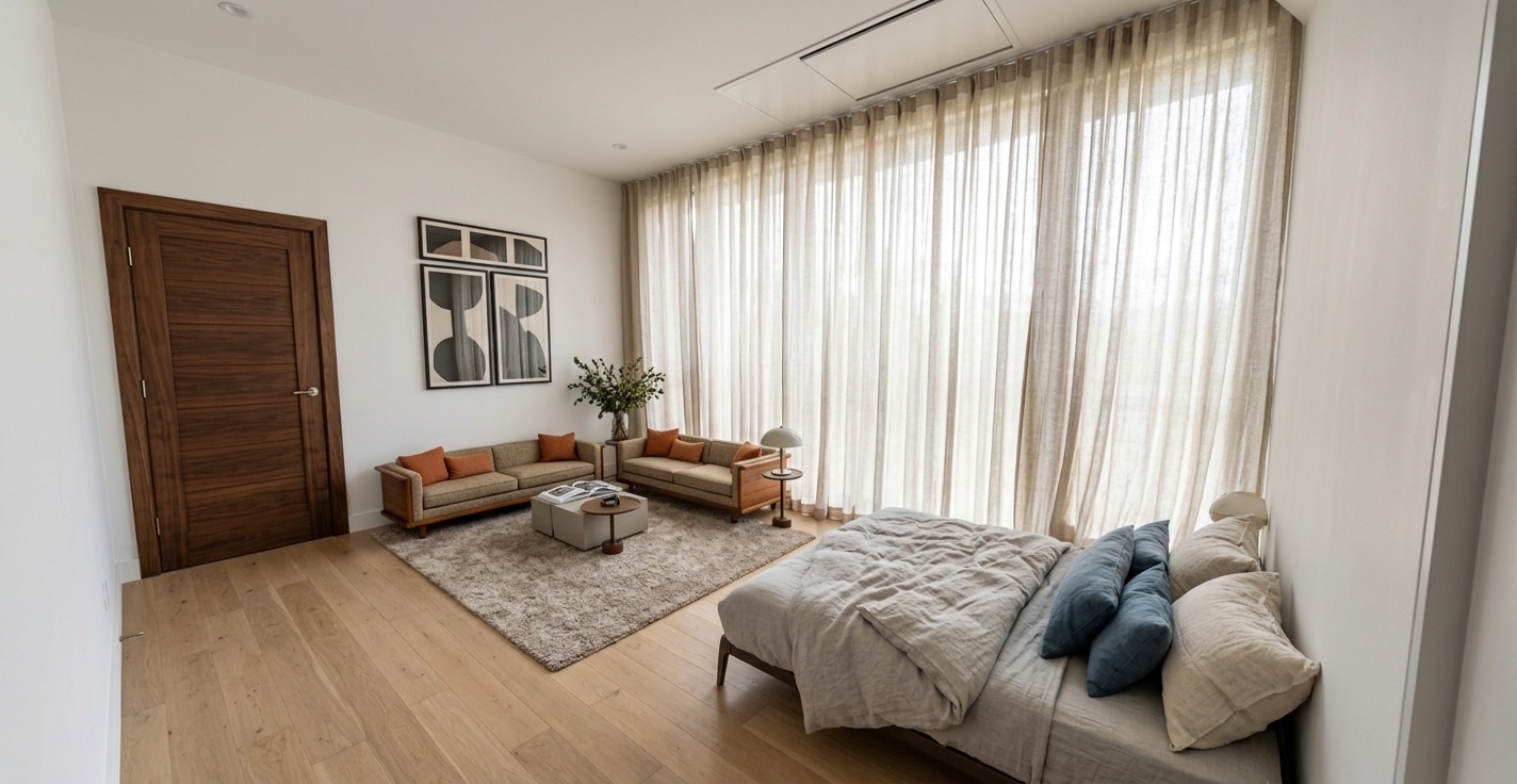 An incredibly lifelike, richly detailed, photorealistic wide-angle interior photograph of an open-concept mid-century modern living and bedroom suite set in a high-end urban penthouse. The scene is illuminated by soft, natural daylight gently filtering through towering floor-to-ceiling sheer drapery, creating a serene, warm, and timeless atmosphere. Captured with a full-frame architectural camera and a 24mm tilt-shift lens, emphasizing rich wood grains, crisp geometric lines, and tactile fabric weaves. 

In the foreground, a comfortable low-profile platform bed is dressed in rumpled, organic linen bedding and plush pillows in shades of muted blue and cream. Beyond, the sleek living area features iconic, retro-inspired teak and walnut furniture, including linear loveseats accented with warm earth tones and subtle orange throw cushions surrounding a low minimalist coffee table topped with open photography books. A smooth dark walnut door contrasts against crisp white walls displaying graphic abstract wall art, while lush indoor plants and a plush area rug pull together an uncluttered, functional, and effortlessly stylish mid-century retreat.