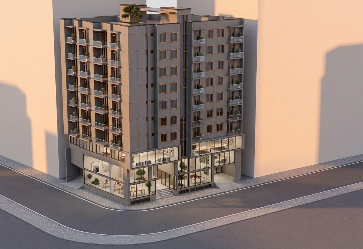 An incredibly lifelike, richly detailed, photorealistic elevated exterior shot of a contemporary mixed-use mid-rise building set at a tranquil urban street corner during a crisp winter sunset. The scene is illuminated by soft, low-angled golden sunset rays casting elongated shadows across refined surfaces and glowing against tinted glazing, creating a serene, modern, and inviting atmosphere. Captured with a high-end architectural tilt-shift lens, emphasizing the sleek textures of smooth gray composite panels, warm timber-trimmed window framing, and polished glass balustrades. Through the double-height ground-floor curtain walls, a streamlined exhibition space and minimalist haven is visible, thoughtfully styled with zen-inspired furnishings, sleek wood-and-metal display tables, curated photography books, subtle abstract wall art, and sculpted indoor greenery against a soft palette of muted whites, cool grays, and delicate pastels. Above, symmetrical tiers of residential balconies rise gracefully toward a minimalist rooftop terrace, seamlessly anchoring the building to the neatly paved curved roadway below.