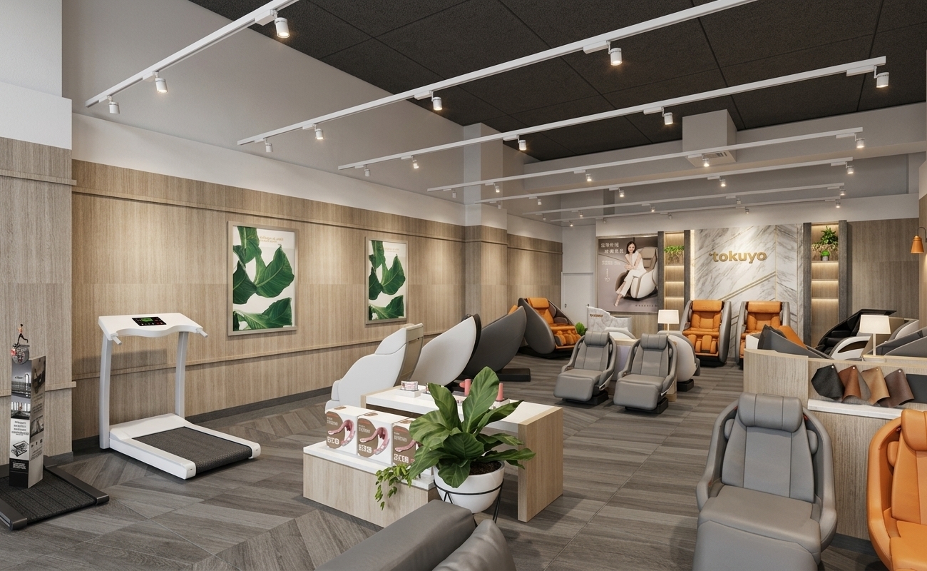 The photo captures a brightly lit, expansive interior designed as a modern exhibition space, conveying a minimalist haven for wellness and relaxation products. The architectural style leans towards contemporary retail design, characterized by clean lines, functional layouts, and a neutral color palette that emphasizes the displayed items. The walls are finished in a light, warm beige paneling, accented by horizontal wooden trim that adds a subtle texture and visual division. One prominent feature wall at the rear showcases a luxurious white and grey marbled paneling with the "Tokuyo" brand logo in gold, complemented by a vertical wooden shelving unit adorned with lush green plants, introducing natural elements into the refined setting. The flooring consists of dark, wood-look tiles arranged in an elegant pattern, providing a sophisticated contrast to the lighter walls. Overhead, a grid of white track lighting fixtures provides uniform illumination throughout the space, ensuring every product is well-highlighted. The central area is occupied by an array of contemporary massage chairs in shades of charcoal grey, pristine white, and warm orange, strategically positioned for viewing and demonstration. Further left, a sleek, silver and black treadmill suggests a broader focus on fitness alongside relaxation. Wooden display stands featuring boxed products and additional greenery are interspersed among the seating arrangements, enhancing the inviting atmosphere. The overall composition is meticulously organized, leading the eye through distinct zones, each presenting a different product type, while the consistent use of modern finishes and careful lighting contributes to an atmosphere of calm sophistication, characteristic of a high-end wellness showroom.