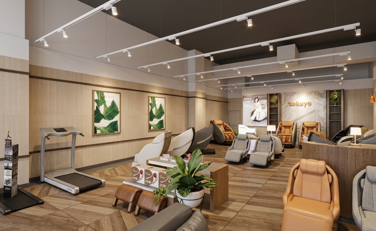 The photo captures a meticulously designed contemporary exhibition space, exuding an air of inviting and sophisticated elegance. The interior features walls clad with light, warm-toned wood paneling on the lower half, topped by pristine white surfaces that rise to a high, flat ceiling equipped with an extensive, modern track lighting system, casting bright, directional illumination across the showroom. The floor is covered in wood-look plank flooring, laid in a rich, warm tone that provides a grounded base for the displays. The space is thoughtfully arranged with various wellness products, including several ergonomically designed massage chairs in sleek grey and vibrant orange upholstery, showcased on dark, minimalist platforms, alongside a modern silver treadmill. Display units crafted from light wood with crisp white tops hold branded product boxes and potted green plants, adding organic texture. A prominent feature wall at the rear elevates the design with a striking white marble-patterned panel emblazoned with the "tokuyo" logo, flanked by dark wood shelving units presenting more greenery, and large, elegant posters depicting lifestyle imagery. The overall composition emphasizes clean lines, harmonious material choices, and functional yet refined displays, creating an atmosphere that is both professional and luxuriously inviting for an upscale retail or showroom environment.