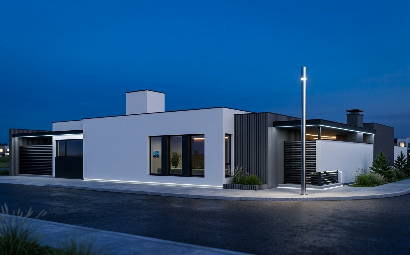An incredibly lifelike, richly detailed, photorealistic wide-angle exterior view of a sleek, single-story modern corner residence set in a tranquil, high-tech suburban landscape. The scene is illuminated by the clear, deep glow of twilight balanced with subtle, integrated cool-toned linear lighting, creating a calm, futuristic, digital-zen atmosphere. Captured with a professional full-frame camera and a 24mm tilt-shift lens, emphasizing the ultra-smooth white plaster facades, textured charcoal vertical siding panels, and reflective dark-tinted panoramic windows. The streamlined, uncluttered architecture is defined by bold geometric volumes, cantilevered matte black canopies, and contemporary horizontal security louvers guarding an elegant entryway. Glimpses through the glossy glass reveal serene, minimalist interiors with understated greenery and sleek smart-home accents, all grounded by clean concrete curbs beneath a dramatic, richly saturated deep-blue evening sky.