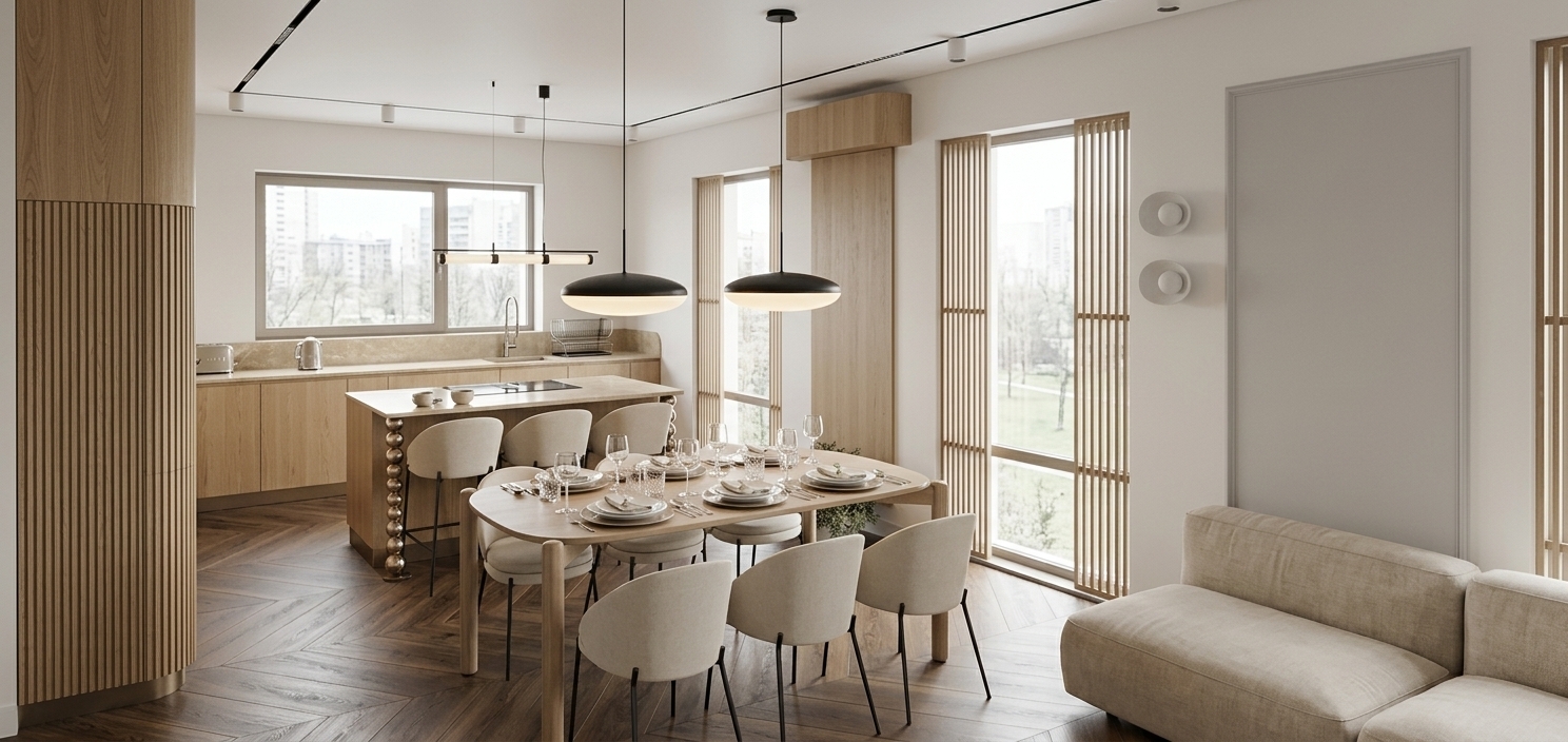An incredibly lifelike, richly detailed, photorealistic wide-angle interior shot of a sophisticated dining room and adjoining modern kitchen set in a luxurious contemporary apartment. The scene is illuminated by soft, diffused daylight pouring through floor-to-ceiling windows and the warm, ambient glow of two sculptural black saucer pendant lights, creating an airy, refined, and serene atmosphere. Captured with a professional full-frame camera using a 24mm tilt-shift lens, emphasizing the rich organic grain of dark chevron wood parquet flooring, polished champagne-toned stone countertops, and natural white oak cabinetry. 

At the center, an elegant rounded dining table is meticulously styled with refined place settings, surrounded by tailored minimalist wood and upholstered chairs on slim black metal legs. In the background, the polished kitchen island features distinctive sculptural sphere-profile legs, harmonizing with the sweeping curve of a fluted oak architectural column to the left. The walls are finished in a subtle palette of warm white, soft pearl, and understated gray with delicate wall moldings, while plush, tailored lounge seating on the right completes this impeccably balanced, light-filled sanctuary of modern elegance.