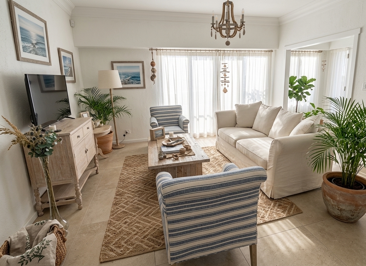 An incredibly lifelike, richly detailed, photorealistic wide-angle interior shot of a reimagined coastal living room set in an airy, sun-drenched seaside retreat. The scene is illuminated by brilliant natural sunlight filtering through sheer, breezy white curtains, creating a light, fresh, and deeply relaxing atmosphere. Captured with a full-frame camera using a 24mm f/2.8 wide-angle lens, emphasizing tactile textures of woven rattan, washed linen, and natural light oak wood. 

The space is revitalized with a crisp palette of soft whites, sandy neutrals, and tranquil shades of ocean blue. A comfortable, deep-seated off-white slipcovered sofa is paired with light wicker armchairs and a minimalist bleached oak coffee table displaying a large photography book and subtle coastal decor. The heavy dark console is replaced with a low-profile white oak media unit, while the walls showcase expansive, framed seascape fine art prints that visually expand the room. Lush potted palms and fiddle-leaf figs add natural greenery, and a natural woven jute rug over matte sandy-beige tile floors anchors the uncluttered, open, and inviting coastal haven.