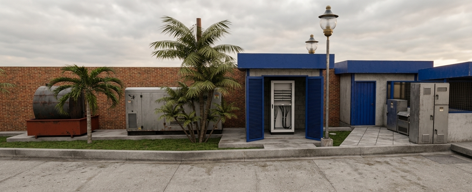 A wide-angle, eye-level photograph of the outdoor electrical utility compound under an overcast, cloudy sky, illuminated by soft and gentle warm light. Maintain the exact layout, geometry, and framing from the reference image, featuring the red brick perimeter wall, palm trees, metallic generators, electrical cabinets, and blue-trimmed utility enclosures with the classic lamppost. Render authentic material textures, including rough mortar and weathered brickwork, matte painted metal with subtle scuffs on the utility boxes, detailed palm fronds casting soft diffused shadows, and realistic concrete pavements with natural surface grain and wear. Ensure balanced warm ambient tones, subtle atmospheric depth, and crisp photographic realism across all existing elements.