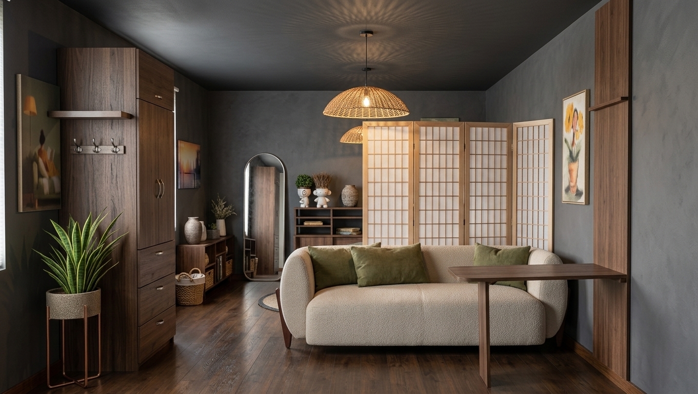 A photorealistic eye-level interior photograph of the studio apartment, maintaining the exact layout, geometry, and composition without alterations. Soft natural daylight floods in from the left side behind the tall dark wardrobe, creating realistic light diffusion, subtle directional highlights, and gentle ambient shadows throughout the room. The cream curved sofa features finely woven fabric upholstery complemented by textured olive green cushions, while the cabinetry and attached table exhibit natural dark wood grain finishes. The folding screen displays authentic timber framing with translucent paper panels, balanced by the intricate woven texture of the wicker pendant lights and realistic foliage on the potted snake plant. Shot with a 35mm lens, the image displays natural interior photography depth, balanced exposure, clean color rendition, and subtle surface micro-textures.