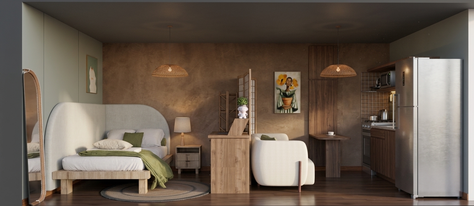 Photorealistic architectural elevation photograph of the studio apartment, retaining the exact geometry and composition. The main back wall features a tactile, warm brown burnt cement finish with subtle trowel variations, while the side walls are coated in a smooth matte Suvinil Praia Brava muted sage-gray tone. Warm ambient illumination emanates from the woven rattan pendant lights and bedside lamp, casting soft, natural shadows across the dark wood floor. The bed is styled with realistically creased white linens, olive green accent pillows, and a textured throw blanket, while the light wood furniture, cream armchair, and metallic kitchen appliances exhibit authentic surface textures, micro-reflections, and true-to-life photographic depth.