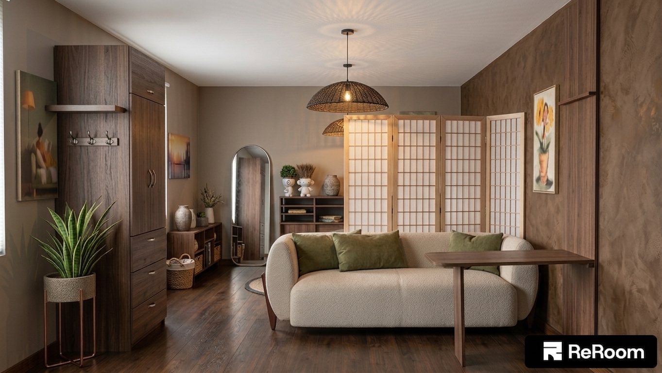 A photorealistic interior photograph maintaining the exact composition and geometry of the room, featuring a clean matte white ceiling, walls painted in a soft Suvinil Praia Brava greige, and the right wall finished in a textured brown burnt cement effect. Warm ambient illumination from the woven pendant lamp casts realistic light patterns and soft shadows across the space, highlighting the rich grain of the dark wood flooring and cabinetry, the tactile weave of the beige sofa and olive cushions, and the wooden divider screen. The image is captured with a sharp 35mm lens, balanced natural exposure, authentic surface textures, gentle depth of field, and subtle photographic grain.