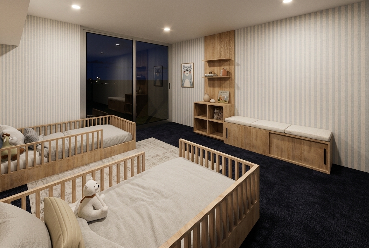 A crisp photograph of the modern toddler bedroom capturing the exact framing and perspective, featuring warm, diffused interior ceiling lighting casting soft contact shadows and realistic reflections on the sliding glass doors. The natural light oak wood of the low bed frames, bench, and shelving displays authentic matte grain textures, with a tasteful selection of small wooden and plush toys placed naturally within the open cubbies and shelves. The striped wallpaper, linen bedding with soft creases, and upholstered bench cushions exhibit rich, tactile surfaces balanced by clean optical focus and subtle, natural photographic contrast.