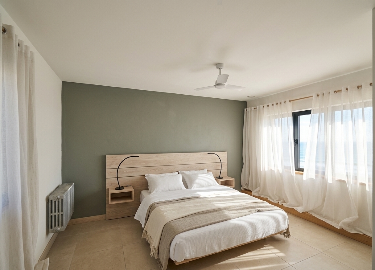An incredibly lifelike, richly detailed, photorealistic wide-angle interior shot of a contemporary seaside bedroom set in a tranquil coastal retreat. The scene is illuminated by radiant, sun-kissed natural daylight streaming through sheer white drapery, casting soft geometric sunbeams across the sandy beige floor, creating an airy, light, and wonderfully relaxed atmosphere filled with a fresh coastal breeze. Captured with a full-frame professional camera and a 24mm architectural wide lens, emphasizing the organic texture of the light bleached-wood headboard, the fine weave of crisp white linens, and the delicate folds of layered neutral throws. A modern floating platform bed anchors the room against a soothing muted olive-slate accent wall, flanked by integrated wooden bedside ledges with sleek black curved gooseneck reading lamps. Billowing, floor-to-ceiling sheer white curtains flutter gracefully along the sun-drenched right-hand windows, framing natural timber sills and diffusing the brilliant morning light. A minimalist ceiling fan sits centrally on the smooth off-white ceiling, subtly evoking a cool ocean airflow, while uncluttered surfaces and a refined palette of sandy neutrals, pristine whites, and soft earthy undertones complete this open, inviting, and effortlessly chic nautical sanctuary.