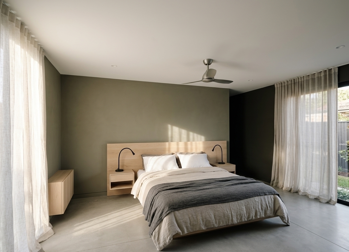An incredibly lifelike, richly detailed, photorealistic wide-angle interior photograph of a serene Japanese Zen-inspired master bedroom set in a tranquil contemporary residence. The scene is illuminated by soft, diffused morning sunlight streaming through sheer curtains, casting warm, geometric patches of natural light across the floor and creating a calm, meditative, and peaceful atmosphere. Captured with a professional 24mm tilt-shift lens on a full-frame camera, emphasizing the tactile textures of organic linens, smooth lime-wash plaster, and natural pale timber.

At the focal center sits a low-profile platform bed framed by a wide, horizontal headboard crafted from light, unstained natural wood with a subtle, fine grain. Floating cantilevered nightstands extend seamlessly from either side of the headboard, each supporting an elegant, curved matte black gooseneck reading lamp. The bed is meticulously dressed in layered, relaxed organic bedding—combining crisp white cotton pillows, a soft oatmeal-toned duvet, and a textured charcoal-grey linen throw draped effortlessly across the foot of the bed.

Behind the headboard, the accent wall is finished in a smooth, matte olive-grey plaster that adds grounded depth to the minimalist aesthetic. The adjacent wall is clean, flush, and uncluttered, painted in a warm cream tone that reflects ambient light throughout the space. 

Along the right side, wide wooden-framed windows are softened by flowing, translucent white linen curtains that gently pool toward the base, filtering the bright outdoor exposure into a gentle, soothing glow. Overhead, a sleek, minimalist modern ceiling fan in a matte metallic finish is centered on the pristine white ceiling, flanked by subtle recessed downlights that accentuate the clean lines and harmonious balance of this refined Zen retreat.