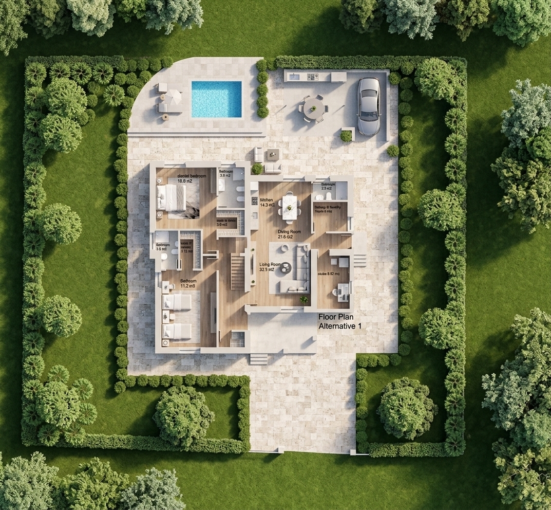 An incredibly lifelike, richly detailed, photorealistic top-down architectural photograph of a luxurious contemporary single-story villa with its surrounding landscaped grounds set in a private, sun-drenched estate. The scene is illuminated by bright, clear natural daylight, creating an airy, sophisticated, and balanced atmosphere. Captured with a high-resolution drone camera equipped with a sharp wide-angle lens, emphasizing polished stone surfaces, tailored upholstered furniture, and lush botanical textures. 

Inside the light-filled layout, refined interiors display a palette of warm white, pearl, champagne, and soft gray, highlighted by abstract wall art, sculptural lighting fixtures, curated coffee-table photography books, and slim brushed-metal accents across the open living, dining, and private bedroom suites. Outside, a shimmering azure swimming pool with sun loungers is paired with an alfresco dining patio, a paved carport, and manicured boundary hedges dotted with sculpted, leafy green trees that frame the impeccably organized, modern sanctuary.