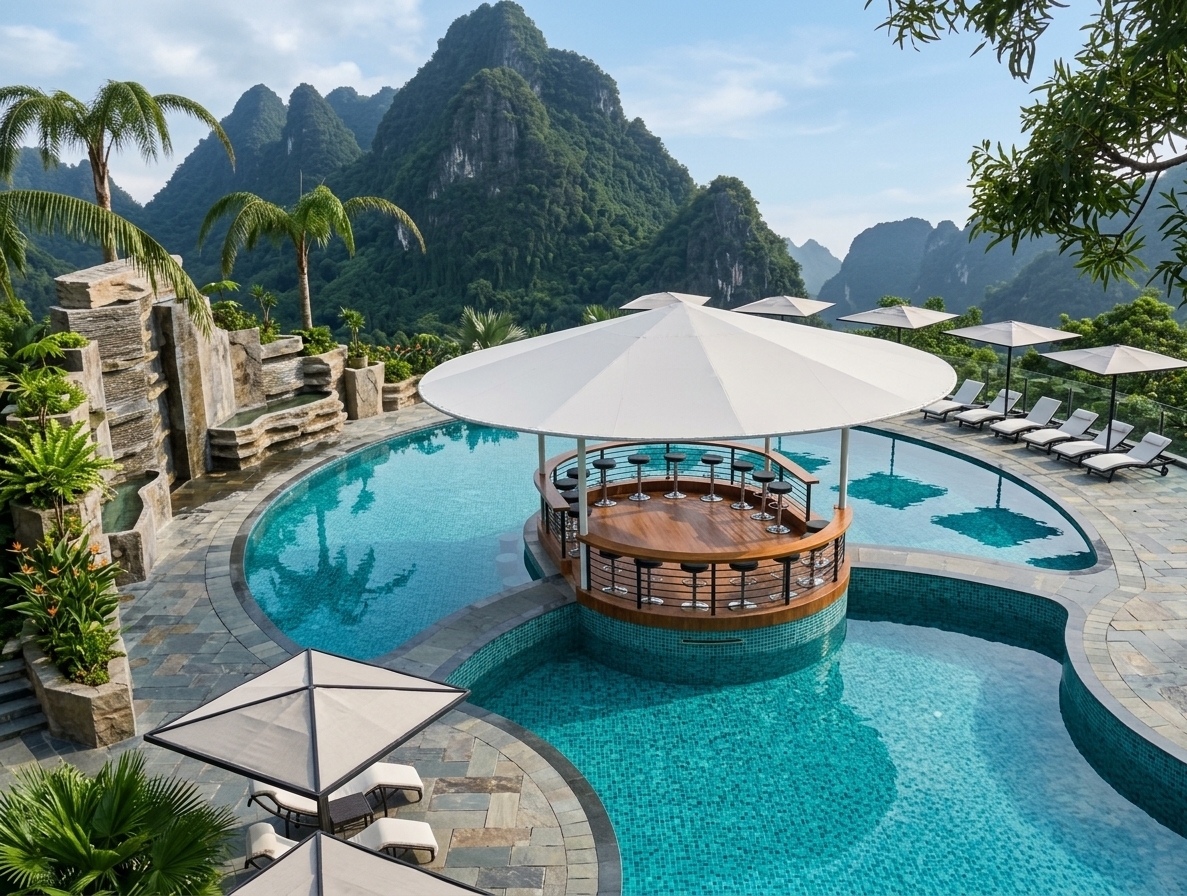 An incredibly lifelike, richly detailed, photorealistic elevated wide-angle landscape shot of a modern fusion outdoor pool area set in a tropical mountain resort overlooking dramatic karst peaks. The scene is illuminated by crisp, natural daylight filtering through soft clouds, creating a vibrant, luxurious, and serene atmosphere. Captured with a professional wide-angle lens, emphasizing the shimmering turquoise mosaic tiles of the multi-level pool, the textured slate and stone pavers, and the sleek metallic elements of the central swim-up bar. The dynamic, contemporary open-concept space features a bold circular pavilion with a modular white canopy, polished wooden countertops, minimalist black bar stools, and coordinating sun umbrellas lining the deck. Tiered rock-cut planters with lush greenery and tropical palms frame the edge, seamlessly uniting sleek urban minimalism with natural outdoor beauty.