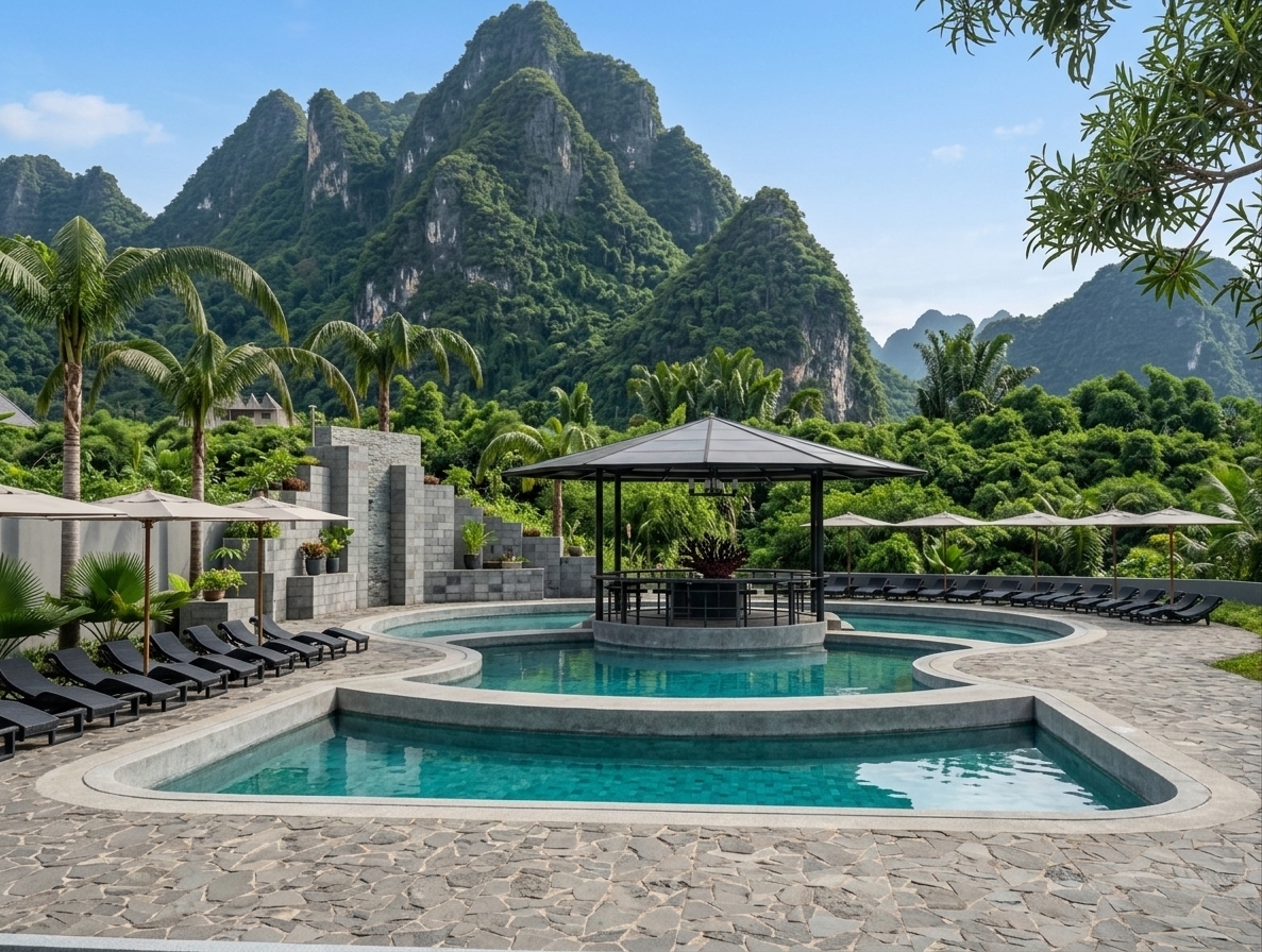 An incredibly lifelike, richly detailed, photorealistic wide-angle landscape photo of a luxurious modern fusion outdoor pool area set in a breathtaking tropical mountain valley. The scene is illuminated by bright, diffused daylight casting soft reflections across the crystalline water, creating a serene, high-end resort atmosphere. Captured with a professional wide-angle lens, emphasizing the sleek geometric tiers of the pool, the textured stone deck, and the dramatic backdrop of lush karst peaks. The open-concept design integrates contemporary modular black sun loungers under clean canopies, a central covered swim-up bar pavilion, and stepped stone architectural walls, seamlessly blending bold, industrial-inspired accents with vibrant natural greenery.