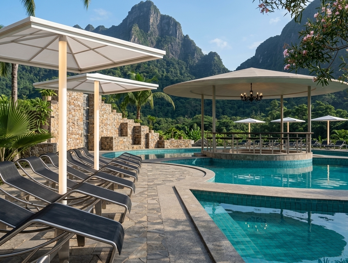 An incredibly lifelike, richly detailed, photorealistic wide-angle landscape photo of a luxurious outdoor pool area set in a breathtaking mountain valley surrounded by lush tropical greenery. The scene is illuminated by bright natural daylight paired with sleek, glowing minimalist umbrella pillars, creating an open, serene, and modern resort atmosphere. Captured with a professional wide-angle 24mm lens with crisp edge-to-edge sharpness, emphasizing the glossy reflections on the vibrant turquoise water, the clean geometric silhouettes of the black lounge chairs, modular stone feature walls, and the smooth stone deck juxtaposed against towering forested peaks.