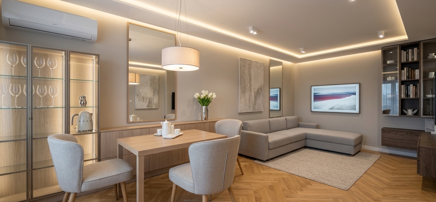 An incredibly lifelike, richly detailed, photorealistic wide-angle interior photograph of an open-concept living and dining room set in a luminous Scandinavian sanctuary. The scene is illuminated by modern architectural ceiling lights and warm concealed perimeter LED glow, beautifully complemented by an elegant contemporary pendant light suspended gracefully over the dining table, creating an airy, peaceful, and welcoming atmosphere. Captured with a full-frame camera and a 24mm tilt-shift architectural lens, emphasizing the rich natural grain of honey-toned oak parquet flooring, smooth matte greige walls, and refined tactile fabrics. In the foreground dining zone, sleek upholstered chairs surround a minimalist table arranged with a fine ceramic tea set and a polished vase of fresh white tulips, set adjacent to a warm backlit glass display vitrine showcasing sparkling stemware beneath a modern white air conditioning unit. The room flows effortlessly into the living area, anchored by a tailored neutral L-shaped sectional sofa, minimalist wall-mounted media cabinetry with integrated bookshelves, and expansive walls dressed in large textured abstract paintings and sleek mirrors that multiply the ambient light, delivering a sophisticated, clutter-free haven of contemporary Nordic design.