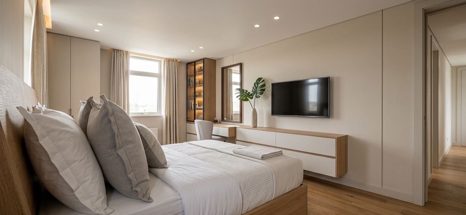 An incredibly lifelike, richly detailed, photorealistic wide-angle interior photograph of a modern Scandinavian sanctuary bedroom set in a bright, airy contemporary residence. The scene is illuminated by gentle, diffused daylight streaming through the window, seamlessly paired with warm, discreet modern ceiling lighting, creating a serene, peaceful, and inviting atmosphere. Captured with a professional full-frame camera and a 24mm architectural lens, emphasizing the rich natural grain of the oak parquet flooring, smooth matte wall finishes, and the tactile softness of premium bed linens. In the foreground, an inviting bed is dressed with plush, neatly layered pillows and crisp textiles, resting gracefully next to a streamlined floating credenza. Mounted neatly on the feature wall, a large, slim-bezel television and an elegant, tall framed mirror reflect the soft ambient light, accompanied by a sleek integrated vanity desk, an upholstered chair, and an illuminated glass-door display unit in the background, all coming together in an effortlessly stylish, tranquil, and airy Nordic retreat.