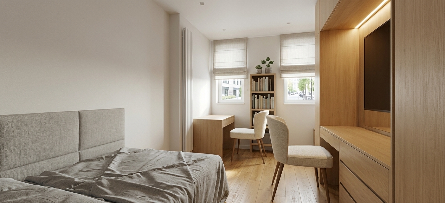 An incredibly lifelike, richly detailed, photorealistic wide-angle interior photograph of a Scandinavian sanctuary combining a serene bedroom and a functional home office set in a modern urban apartment. The scene is illuminated by soft, diffused daylight pouring through twin windows complemented by warm, recessed modern ceiling lighting, creating a bright, airy, and tranquil atmosphere. Captured with a professional full-frame camera and a 24mm architectural lens, emphasizing the fine grain of the honey-toned oak parquet flooring, the soft matte finishes of the built-in cabinetry, and the tactile weave of the linen bedcovers in the foreground. On the left, a neatly made platform bed features a low-profile upholstered headboard, while the opposite wall houses a sleek, custom wardrobe and vanity desk with smooth drawers and a modern upholstered chair. The far wall is composed with intentional symmetry, highlighting two crisp, light Roman blinds softly diffusing incoming daylight on either side of a slender blonde-wood bookcase filled with organized, colorful volumes and a delicate potted plant, adjacent to a compact secondary study desk and a minimalist vertical radiator that complete this calm, productive haven.