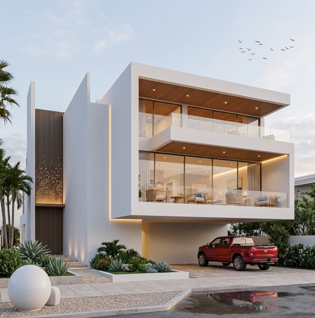 An incredibly lifelike, richly detailed, photorealistic eye-level exterior shot of a luxurious contemporary coastal residence set in an exclusive seaside neighborhood. The scene is illuminated by the gentle, sun-kissed glow of late afternoon transitioning into twilight, complemented by warm recessed interior illumination and delicate golden backlighting along the facade, creating an airy, fresh, and remarkably inviting atmosphere. Captured with a professional architectural wide-angle tilt-shift lens, emphasizing the pristine matte-white stucco finishes, rich horizontal teak wood soffits, transparent structural glazing, and natural landscaping textures.

The architectural composition centers on a bold interplay of clean geometric volumes and dramatic cantilevers. The upper levels feature expansive, recessed balconies lined with frameless glass railings that maintain an open, seamless connection between indoor and outdoor living. Beneath the floating roof canopy, fine horizontal timber slats add warmth and organic richness against the crisp white surfaces. A striking vertical accent wall composed of dark wooden slats with an integrated, artistically perforated screen is subtly uplit with warm accent lights, creating a captivating play of light and shadow on the facade.

Through the floor-to-ceiling panoramic glass windows, glimpses of the spacious, uncluttered interior reveal a relaxed coastal lifestyle. The ground-floor living area is bathed in warm ambient lighting, showcasing a refined palette of sandy neutrals, soft whites, and muted blue tones, complemented by elegant wooden and wicker furniture, tasteful seascape wall art, and minimalist coastal decor. 

In the foreground, a glossy metallic-red pickup truck is parked under the deep cantilevered overhang of the driveway, its polished surfaces reflecting the soft ambient twilight. Surrounding the residence, neatly landscaped garden beds feature architectural succulents, lush coastal shrubs, and slender palm trees that gently sway in the evening coastal breeze. Above, a serene, pale-blue sky dotted with soft clouds and a distant flock of soaring birds completes this evocative, magazine-worthy architectural portrait of modern beachside luxury.