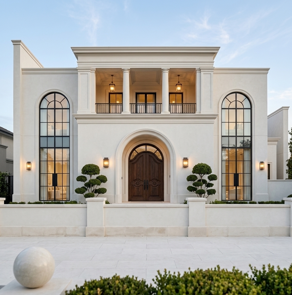 An incredibly lifelike, richly detailed, photorealistic eye-level exterior shot of a luxurious modern-classical villa set in a serene, upscale residential environment. The scene is illuminated by the soft, diffused clarity of early morning daylight blended with warm golden interior and exterior sconce lighting, creating a tranquil, sophisticated, and inviting atmosphere. Captured with a professional full-frame camera and a 24mm architectural tilt-shift lens, emphasizing the fine, velvety texture of the smooth off-white stucco facade, the deep organic grain of the carved timber doors, and the crisp reflections in the expansive glass panes.

The architectural composition centers on balanced symmetry and monumental proportion. At the heart of the ground level, a grand multi-tiered archway encloses a set of richly carved, dark walnut double entry doors crowned by an arched transom window. Flanking the main entry are sculpted, multi-tiered cloud topiary trees and warm classical wall lanterns mounted against pristine plaster walls. Above, a recessed second-story loggia is framed by twin classical columns and a refined cornice line, featuring a delicate black iron balustrade and three warm hanging pendant lanterns that cast a gentle ambient glow.

On either side of the central pavilion, dramatic double-height arched windows with sleek matte-black mullions stretch vertically across the facade, flooding the interior with natural light and offering glimpses of a bright, airy interior styled with soft gray textiles, warm neutral palettes, and subtle greenery. 

In the foreground, an elegant low perimeter wall finished in matching light limestone defines the property line, fitted with an ornate black wrought-iron pedestrian gate with delicate gold accents. Symmetrically placed lantern fixtures crown the gate posts, while neatly manicured boxwood shrubs border the clean stone-paved sidewalk. A smooth asphalt driveway and subtle natural textures complete the scene under a crisp, pale blue sky with gentle wisps of cirrus clouds, presenting a seamless blend of timeless neoclassical architecture and serene, modern luxury.