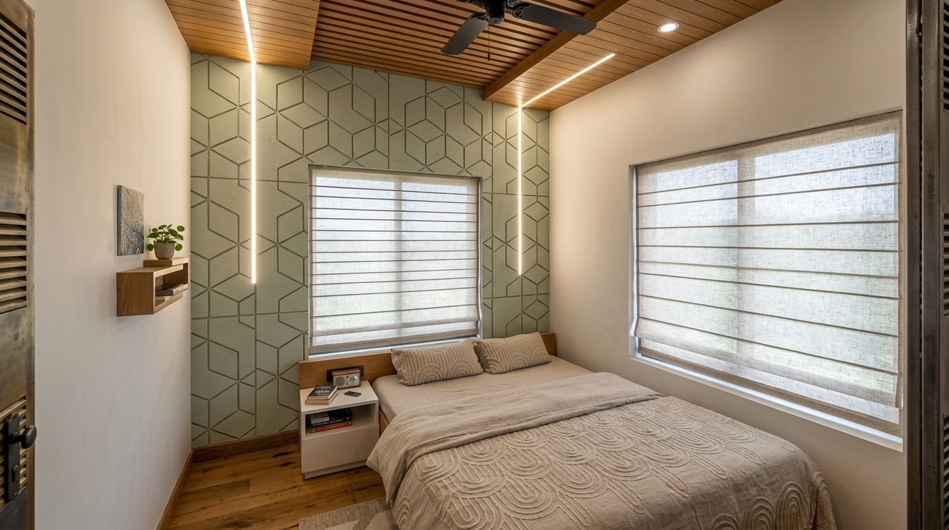 An incredibly lifelike, richly detailed, photorealistic wide-angle interior shot of an industrial-inspired modern bedroom set in a chic urban residence. The scene is illuminated by soft daylight diffusing through expansive window blinds paired with crisp vertical linear LED lighting and subtle recessed ceiling spots, creating a calm, warm, and sophisticated atmosphere. Captured with a 24mm architectural tilt-shift lens, emphasizing the tactile textures of the warm timber slatted ceiling, subtle geometric accent wall panels, textured pale green plaster, and plush woven bed linens. The composition balances modern architectural lines with cozy elements, featuring a low-profile platform bed, a streamlined white nightstand, polished wood flooring, and a sleek matte-black ceiling fan integrated seamlessly into the ceiling alcove.