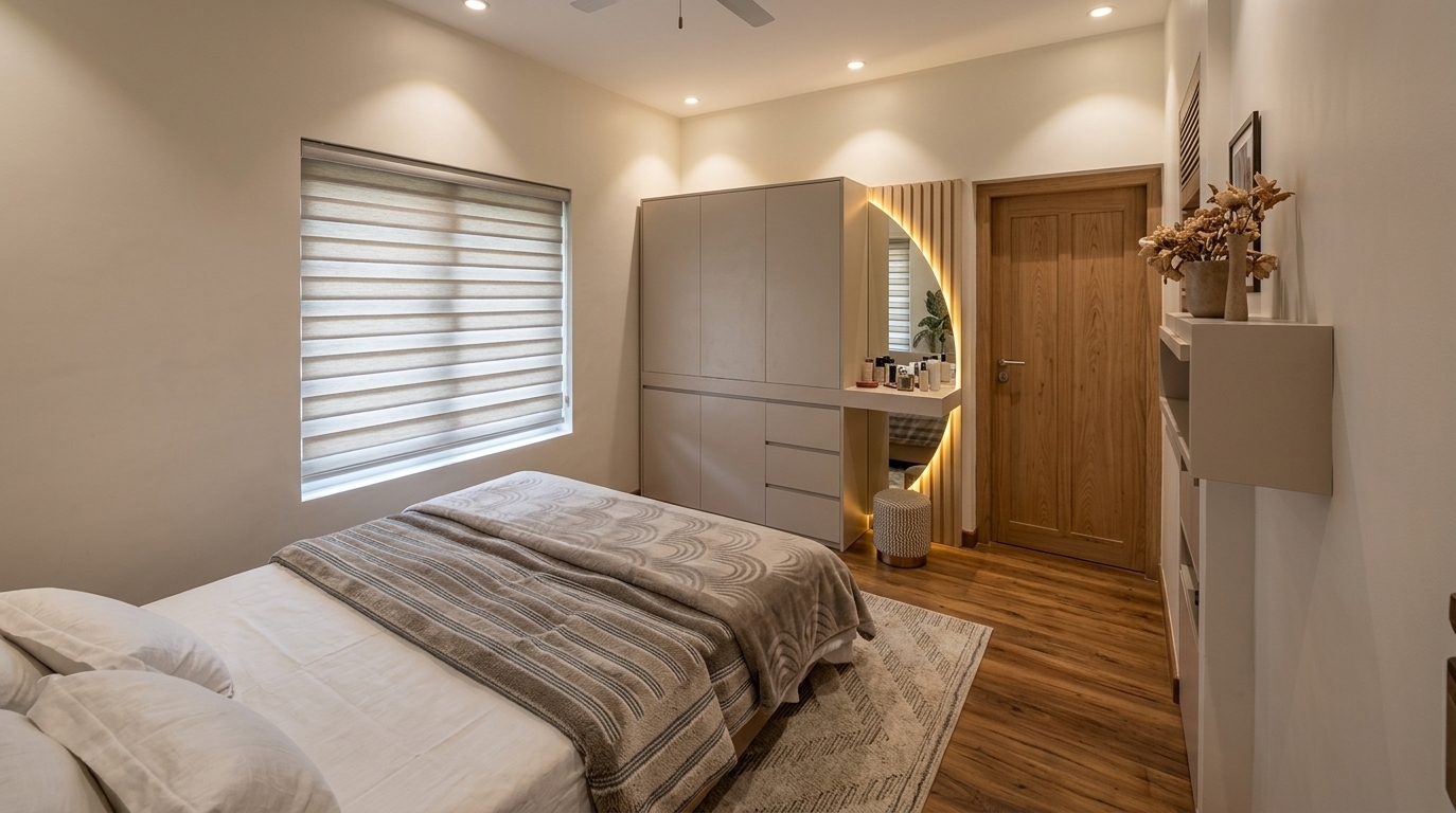 An incredibly lifelike, richly detailed, photorealistic wide-angle interior shot of an urban-inspired bedroom set in a contemporary loft environment. The scene is illuminated by ambient recessed ceiling lights, soft daylight filtering through tailored window blinds, and the warm, radiant glow of a striking semicircular backlit vanity mirror, creating an intimate, serene, and sophisticated atmosphere. Captured with a professional full-frame camera and a 24mm wide-angle lens, emphasizing tactile textures ranging from the clean, satin finish of the modern modular wardrobe to the plush weave of the bed throw and the rich, natural grain of the timber door. The thoughtfully organized space features a neatly made bed layered in crisp white and woven taupe linens resting atop a subtle geometric area rug, while an integrated fluted vanity nook with a minimalist stool brings a bespoke architectural elegance to the urban sanctuary.
