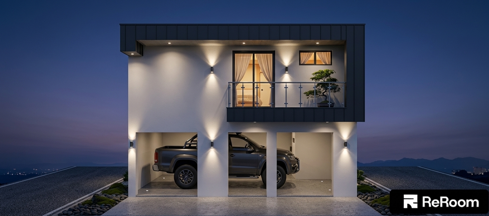 An incredibly lifelike, richly detailed, photorealistic front-elevation architectural shot of a modern, minimalist two-story residence infused with Japanese Zen elegance set in a serene nighttime environment. The scene is illuminated by sleek modern exterior facade sconces casting dramatic directional light cones against smooth white stucco, complemented by soft recessed soffit downlights and a warm interior glow, creating a calm, meditative, and sophisticated atmosphere. Captured with a full-frame architectural prime lens, emphasizing the crisp lines of the dark charcoal cantilevered frame, the delicate silhouette of a sculpted Japanese Zen potted plant gracing the glass-railed balcony, and the polished concrete textures surrounding the open ground-floor carport beneath a deep twilight sky.