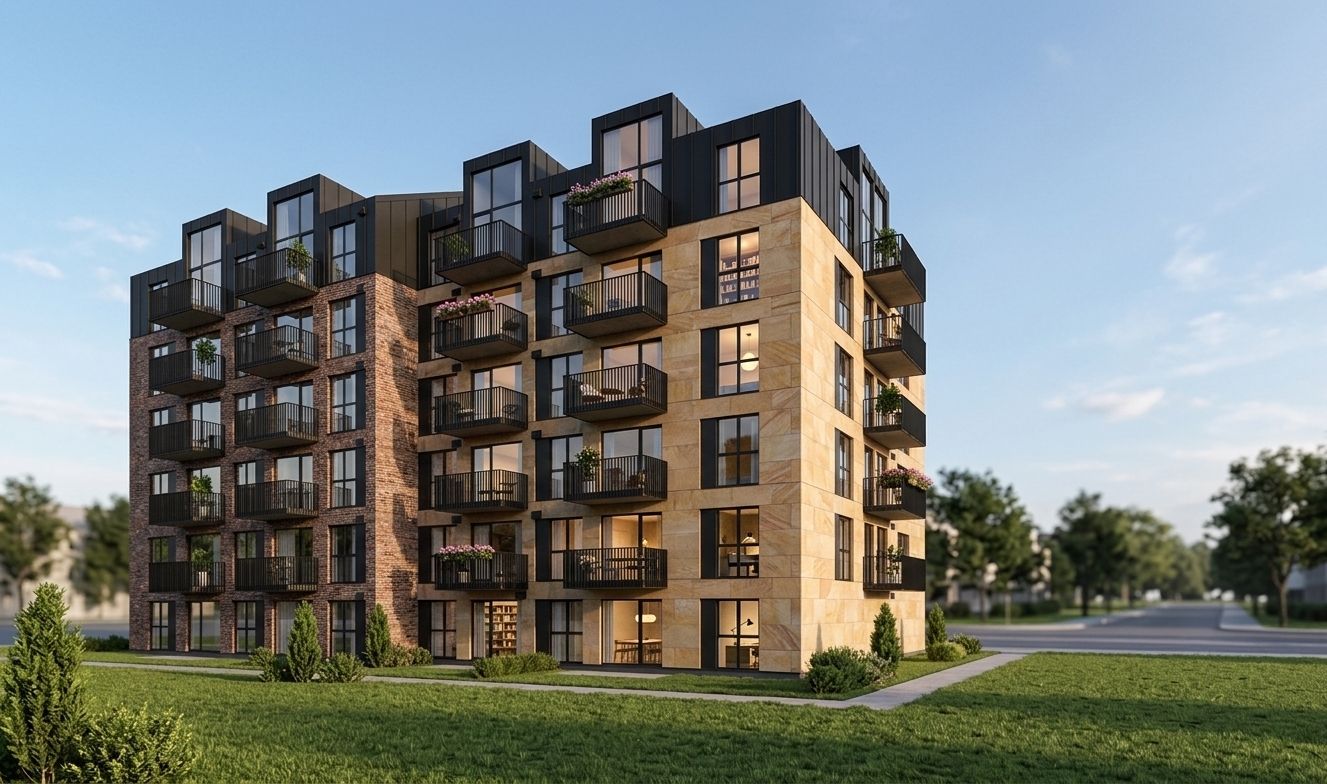 A crisp daylight architectural photograph capturing the modern six-story apartment building from the exact angle and geometry shown, featuring realistic textured brick, stone panels, and matte black metal cladding. Warm interior lighting subtly glows from several apartment windows, while a few residents and potted flowering plants occupy select balconies. The foreground lawn is rendered with natural grass textures and subtle landscaping under clear, soft daylight. Captured with a sharp architectural lens, realistic glass reflections, balanced ambient shadows, and authentic surface micro-textures to achieve a lifelike, photographic finish.