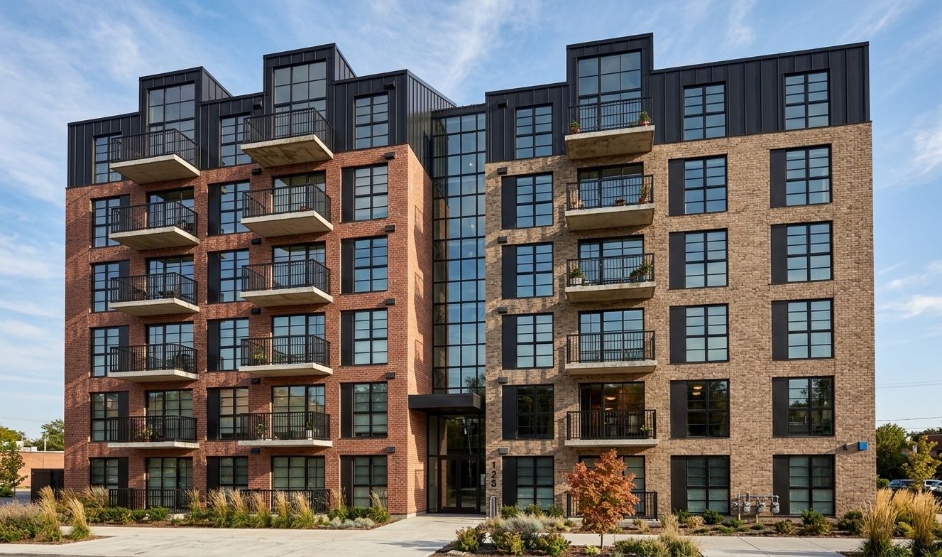 A professional architectural photograph of the modern six-story apartment building, captured with a wide-angle tilt-shift lens during clear daylight. The facade features tactile red and tan brickwork with dark metal top-floor cladding and black balcony railings, subtly populated with vibrant potted flowers and a few residents. Realistic glass reflects the daytime sky while revealing warm, ambient interior lighting behind select windows. The barren ground is transformed into a manicured urban streetscape with realistic asphalt, sidewalks, parked cars, pedestrians, and neat landscaping of ornamental grasses and pine trees. Natural sunlight casts soft dimensional shadows across the geometric exterior, balanced with subtle lens vignetting and authentic photographic texture.