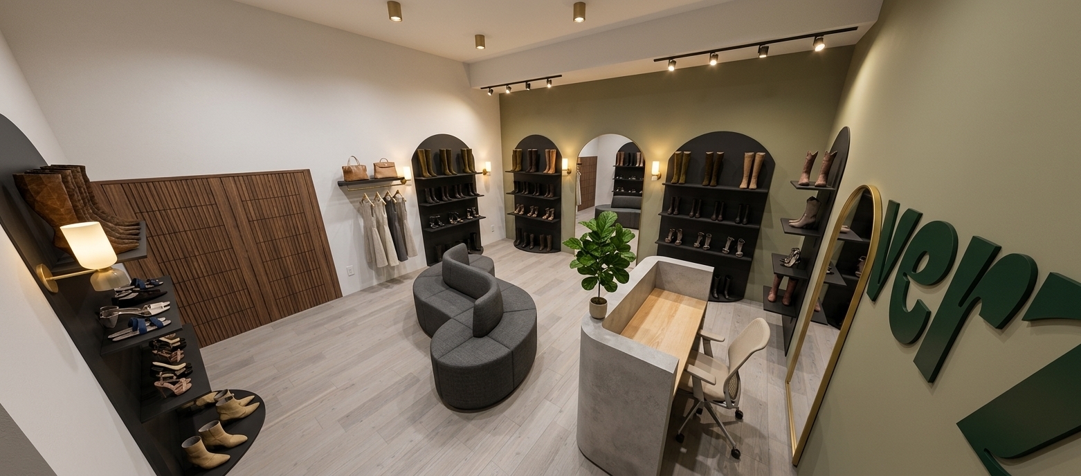 A wide-angle interior architectural photograph of the modern boutique, preserving the exact layout, geometry, and high-angle perspective. The floor features matte beige-grey ceramic tiles, complementing the light grey front wall and muted greenish-grey right wall accented with painted matte black arches. Black melamine display shelves hold footwear under focused directional ceiling track spotlights that cast natural, soft shadows. The central curved double-sided bench is upholstered in dark grey fabric, set beside a minimalist light-toned reception counter with an office chair and an arched mirror, captured with realistic material textures, subtle depth of field, and balanced commercial lighting.