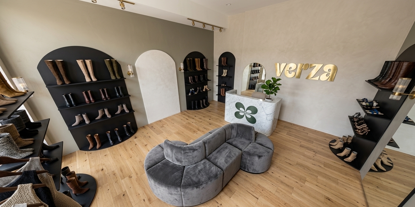 A wide-angle architectural photograph of the boutique interior, maintaining the exact perspective and layout under the focused illumination of ceiling track spotlights. The space features beige-gray ceramic tile flooring, a smooth light gray front wall, and a muted greenish-gray accent wall with the brand logo. Matte black wall arches house sleek black melamine shelves showcasing realistic leather and suede footwear. In the center, the curved double-sided sofa is finished in textured dark gray upholstery, complemented by a smooth marble reception counter and arched mirror in the background, all captured with realistic shadow play, crisp micro-textures, and natural ambient light falloff.