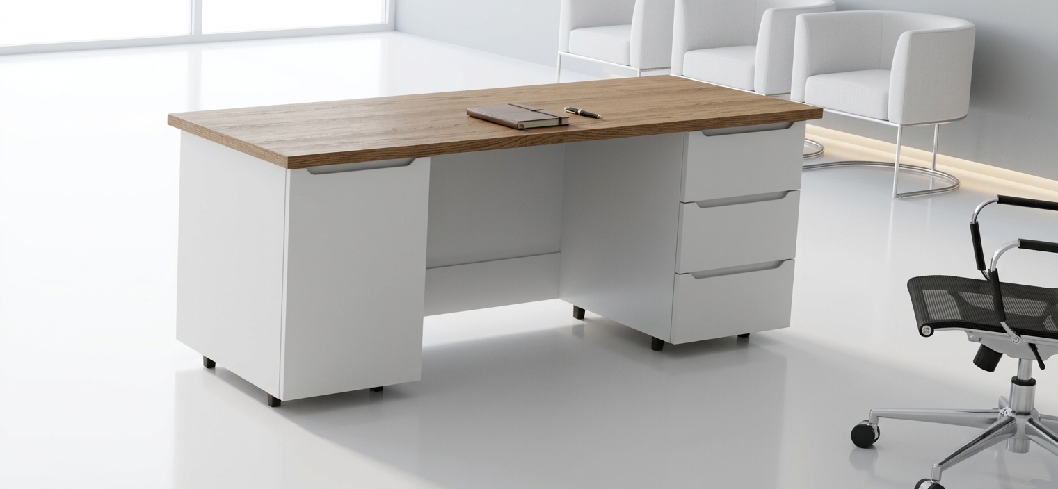 An incredibly lifelike, richly detailed, photorealistic three-quarter perspective interior shot of a minimalist executive workstation set in a bright, contemporary office environment. The scene is illuminated by soft, diffused high-key studio daylight and subtle recessed ambient lighting, creating a pristine, serene, and highly professional atmosphere. Captured with a professional 50mm tilt-shift architectural lens at f/4.0, emphasizing the fine, tactile oak wood grain texture of the spacious tabletop alongside the smooth, satin-matte white finish of the pedestals and drawers. 

The composition highlights the desk's crisp geometry, featuring a recessed modesty panel and subtle dark riser feet that cast delicate, natural contact shadows across the high-gloss, pristine white floor. In the blurred foreground, the polished chrome base and fine-weave mesh of an ergonomic task chair add functional depth, while a row of minimalist white upholstered armchairs lines the clean background wall, culminating in a sophisticated, impeccably balanced modern fusion workspace.