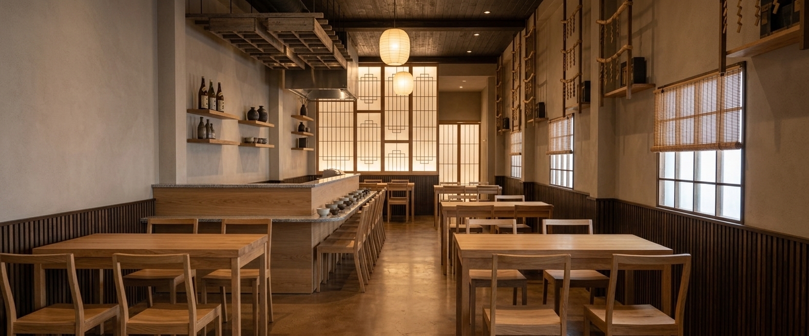 An incredibly lifelike, richly detailed, photorealistic wide-angle interior shot of a Japanese Zen dining space set in a refined, minimalist culinary environment. The scene is illuminated by the soft, warm glow of hanging washi paper lanterns paired with subtle ambient recessed ceiling lighting, creating a tranquil, intimate, and balanced atmosphere. Captured with a professional full-frame camera and a 24mm tilt-shift lens, emphasizing the rich organic textures of light oak dining furniture, vertical slatted wood wainscoting, and smooth, neutral plaster walls. The uncluttered composition showcases meticulously arranged low wooden tables and chairs leading towards a traditional sushi bar counter, complemented by geometric backlit shoji screens at the far end, floating timber shelves holding artisanal sake bottles and ceramics, and fine bamboo blinds framing the windows for a cohesive wabi-sabi aesthetic.