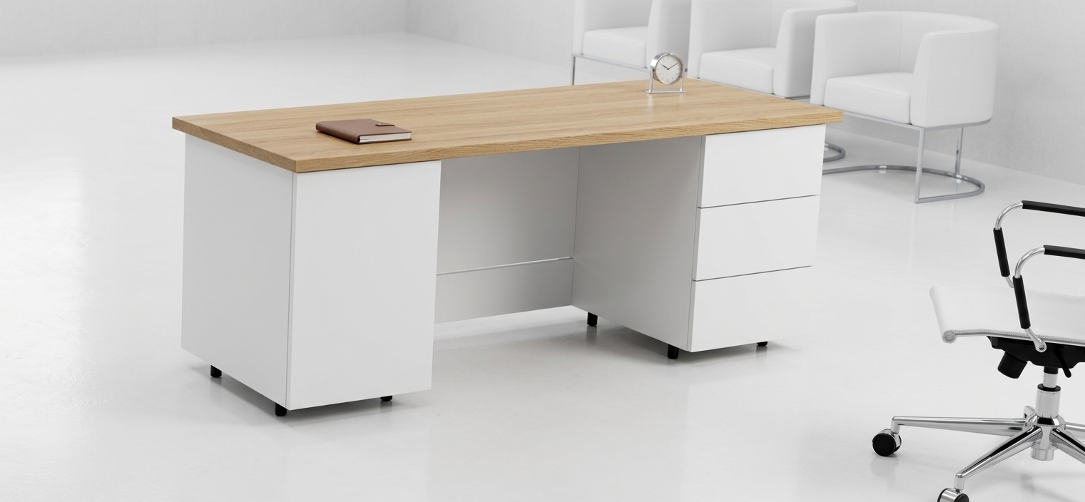 An incredibly lifelike, richly detailed, photorealistic eye-level perspective shot of a minimalist executive workspace set in an expansive, modern corporate interior. The scene is illuminated by soft, ambient studio lighting that creates gentle, subtle reflections across the polished white floor, creating a bright, calm, and professional atmosphere. Captured with a 50mm architectural lens, emphasizing the fine organic grain of the natural oak tabletop contrasted against smooth, pristine matte white cabinetry. The dual-pedestal desk anchors the composition with its clean-lined white side panels and integrated drawers elevated on discrete black support feet. In the softly focused background, a sleek row of white upholstered lounge chairs with slender chrome frames lines the wall, while the chrome base and armrest of a contemporary ergonomic desk chair frame the foreground, achieving a refined, modern fusion aesthetic with pristine spatial clarity.