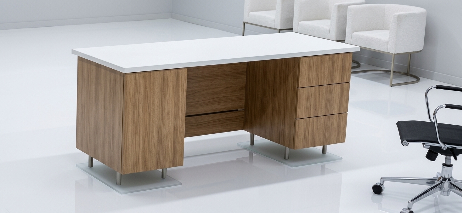 An incredibly lifelike, richly detailed, photorealistic eye-level medium shot of an executive workstation set in a bright, minimalist corporate interior. The scene is illuminated by diffused, cool ambient light and soft overhead architectural illumination, creating a sleek, highly professional, and serene atmosphere. Captured with a 50mm architectural lens at f/5.6, emphasizing the organic vertical grain of the warm oak laminate pedestals, the crisp matte surface of the solid white desktop, and subtle specular reflections dancing across the seamless, high-gloss white epoxy floor. In the softly focused background, a trio of contemporary low-profile armchairs upholstered in white textured fabric with slender metallic frames lines the pristine wall, while the polished chrome star-base and tailored silhouette of an ergonomic task chair subtly frame the right foreground, underscoring the room's refined spatial depth and meticulous modern design.