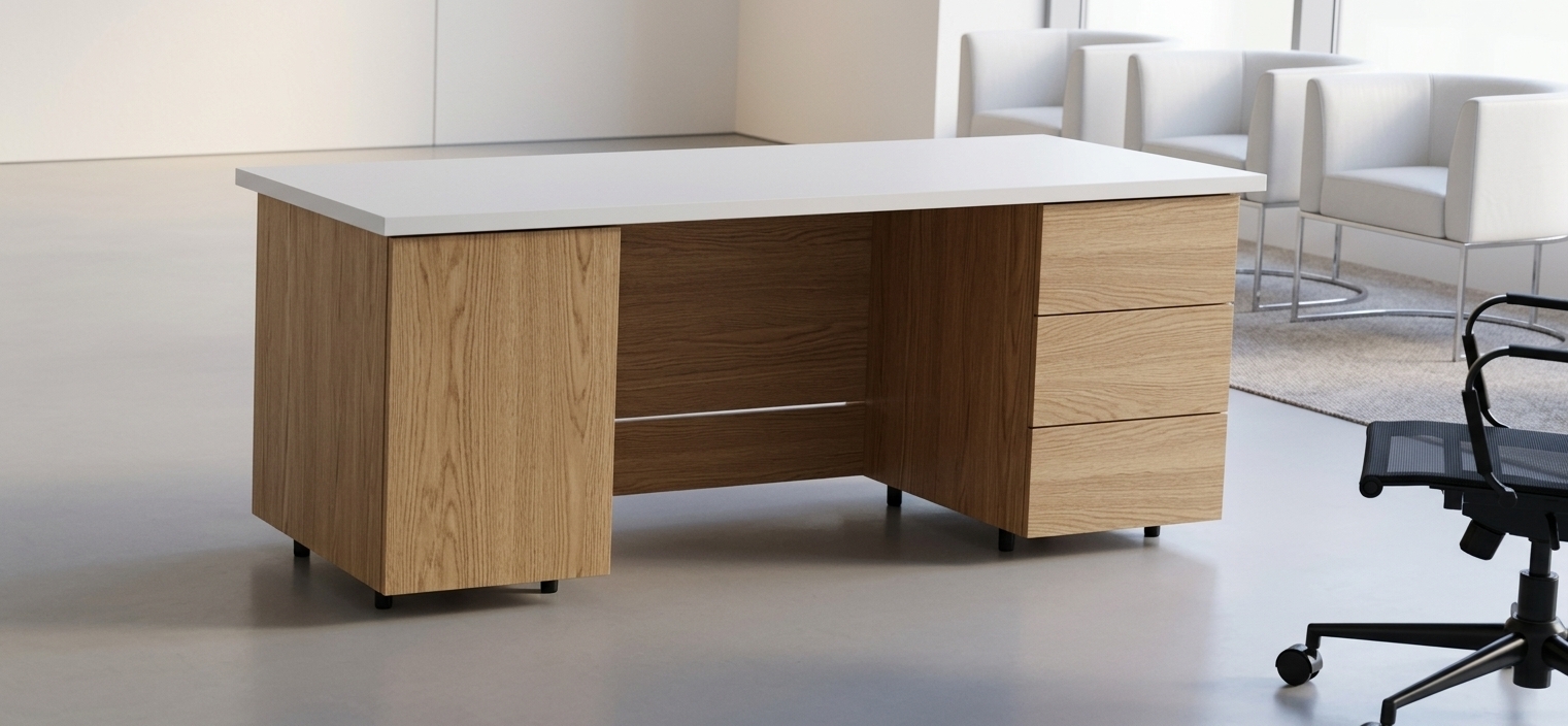 An incredibly lifelike, richly detailed, photorealistic three-quarter perspective shot of a contemporary executive workstation set in a sleek, minimalist corporate office interior. The scene is illuminated by soft, diffused high-key studio lighting and ambient daylight, creating an immaculate, calm, and sophisticated atmosphere. Captured with a 50mm architectural lens, emphasizing the rich, organic vertical grain of the natural oak veneer and the pristine, non-reflective matte finish of the solid white worktop. The desk stands with pristine structural clarity, featuring an integrated three-drawer stack on the right, a matching solid side panel on the left, and a centered recessed modesty panel with a subtle horizontal reveal, all slightly elevated on discreet matte black footings. In the subtle, softly blurred background, a row of modern white upholstered armchairs on slender chrome frames rests alongside the edge of a sleek mesh task chair, highlighting a refined and professional workspace.