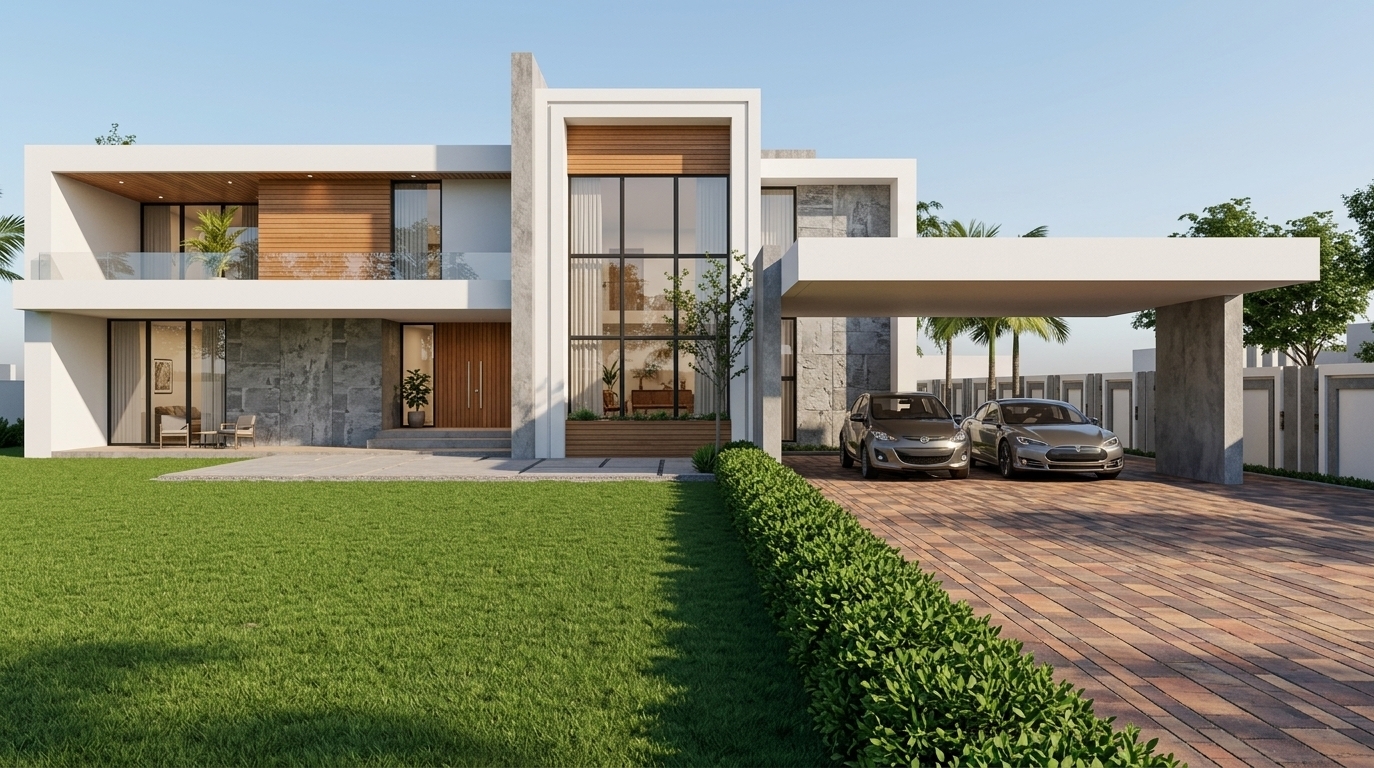 An incredibly lifelike, richly detailed, photorealistic wide-angle exterior shot of a luxurious modern two-story residence set in a serene, sun-drenched private estate. The scene is illuminated by bright natural daylight under a clear sky, creating an inviting, warm, and sophisticated atmosphere. Captured with a high-end tilt-shift lens, emphasizing the crisp contrast between clean white geometric frames, distressed gray stone cladding, and warm horizontal wood accents. Expansive floor-to-ceiling windows catch gentle reflections while subtly revealing cozy, elegant interior spaces styled with vintage-inspired wooden accents, indoor plants, and soft neutral tones. A meticulously paved brick driveway runs alongside a manicured green hedge and a sprawling emerald lawn, leading neatly under the floating cantilevered carport where parked vehicles rest in sharp, realistic clarity.
